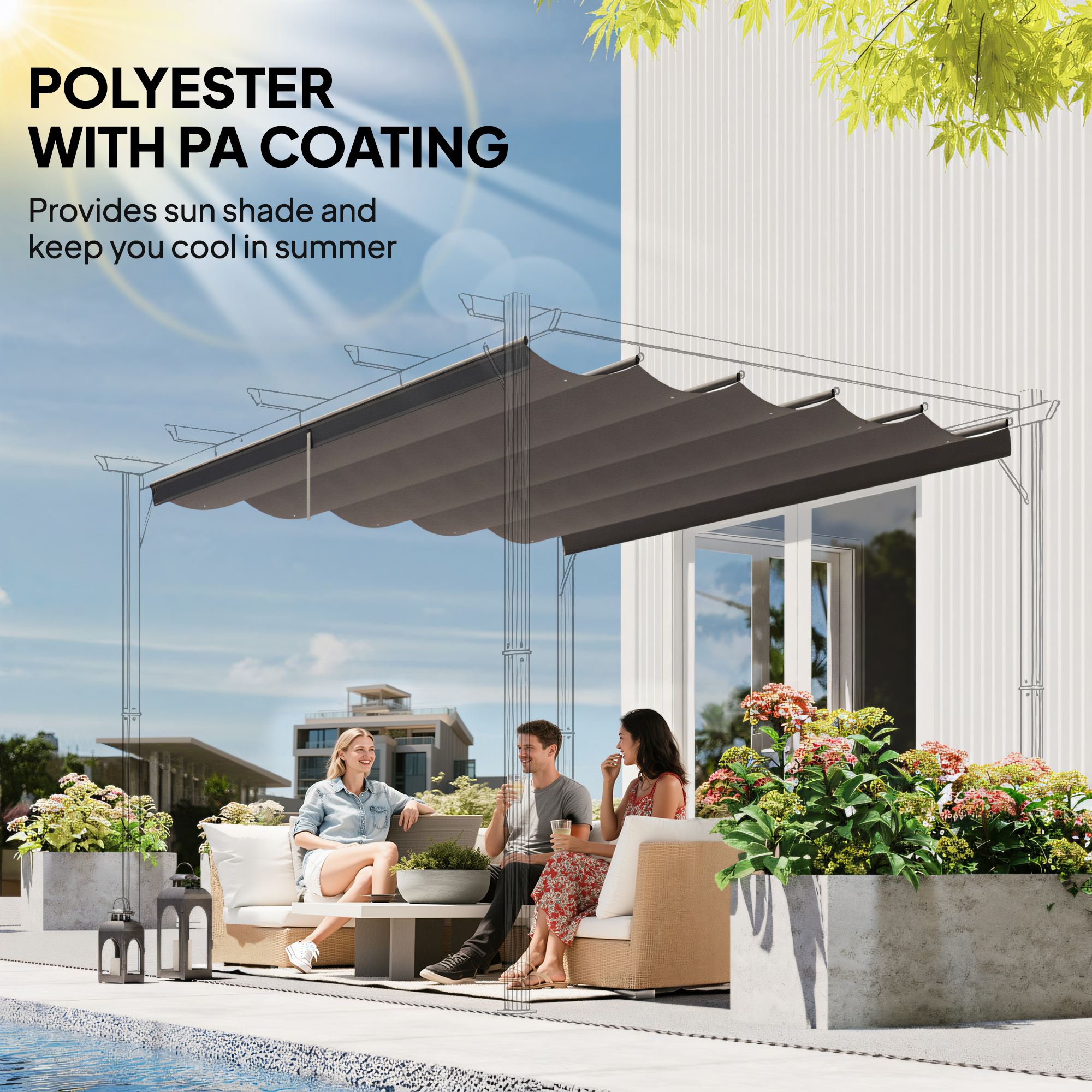 Outsunny Retractable Pergola Cover, 3.5 x 2.6 m Replacement Canopy Fabric for 4 x 3 m Frame, Roof Top Only, Light Grey 5