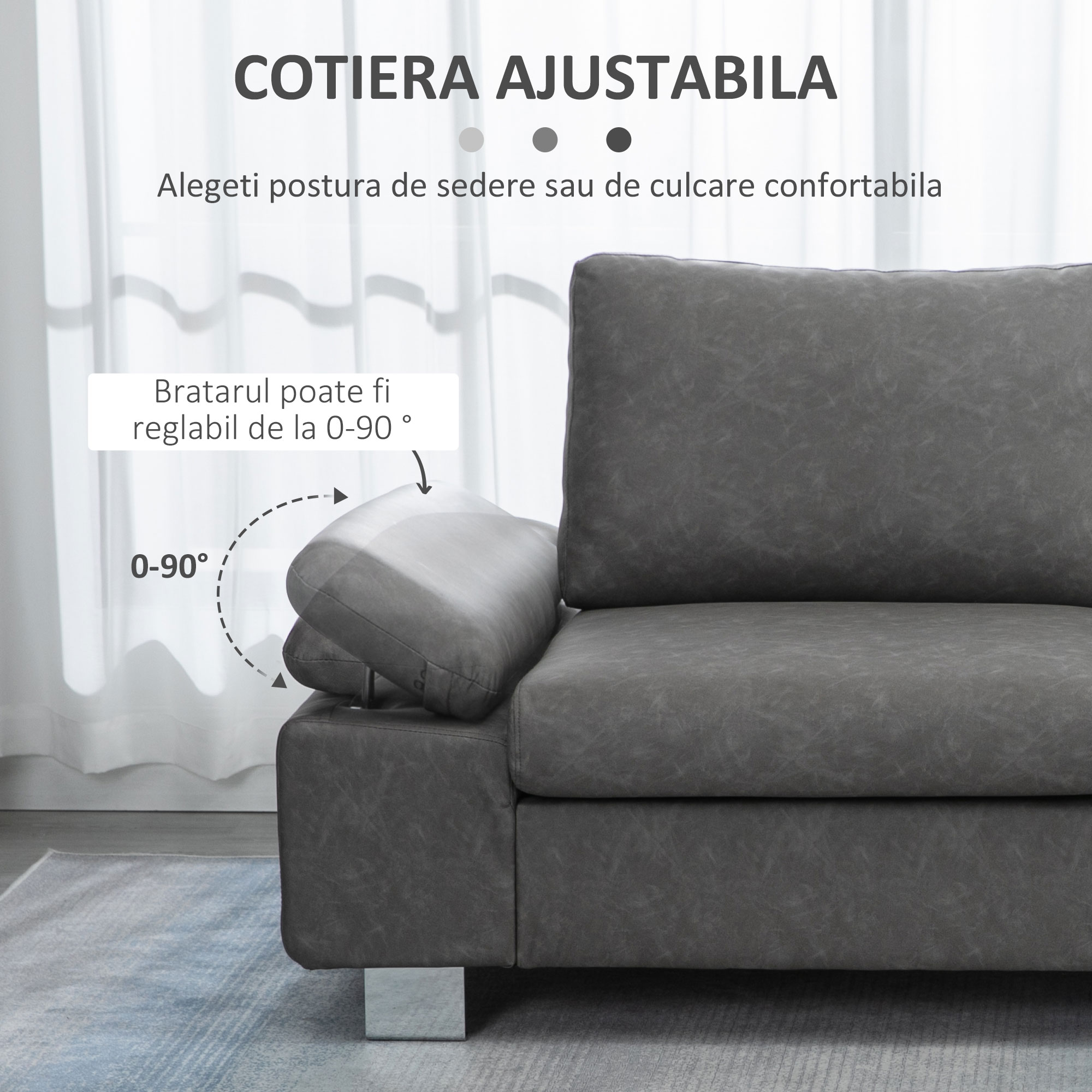  Canapea moderna dubla de lux cu 2 locuri, canapea tapitata cu brate reglabile pentru camera de zi, birou, gri [4]