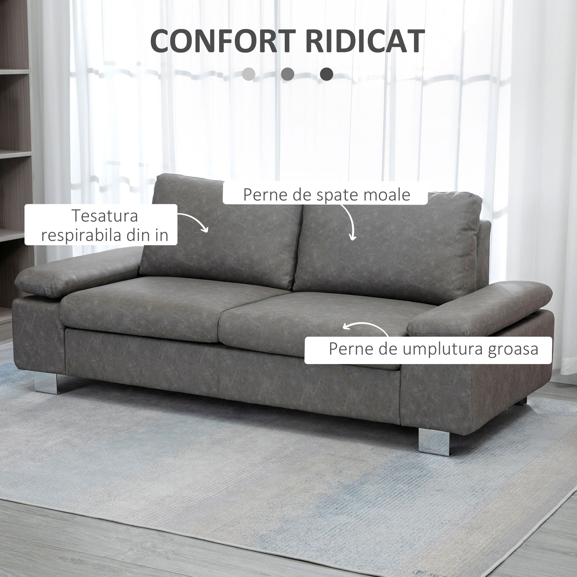  Canapea moderna dubla de lux cu 2 locuri, canapea tapitata cu brate reglabile pentru camera de zi, birou, gri [3]