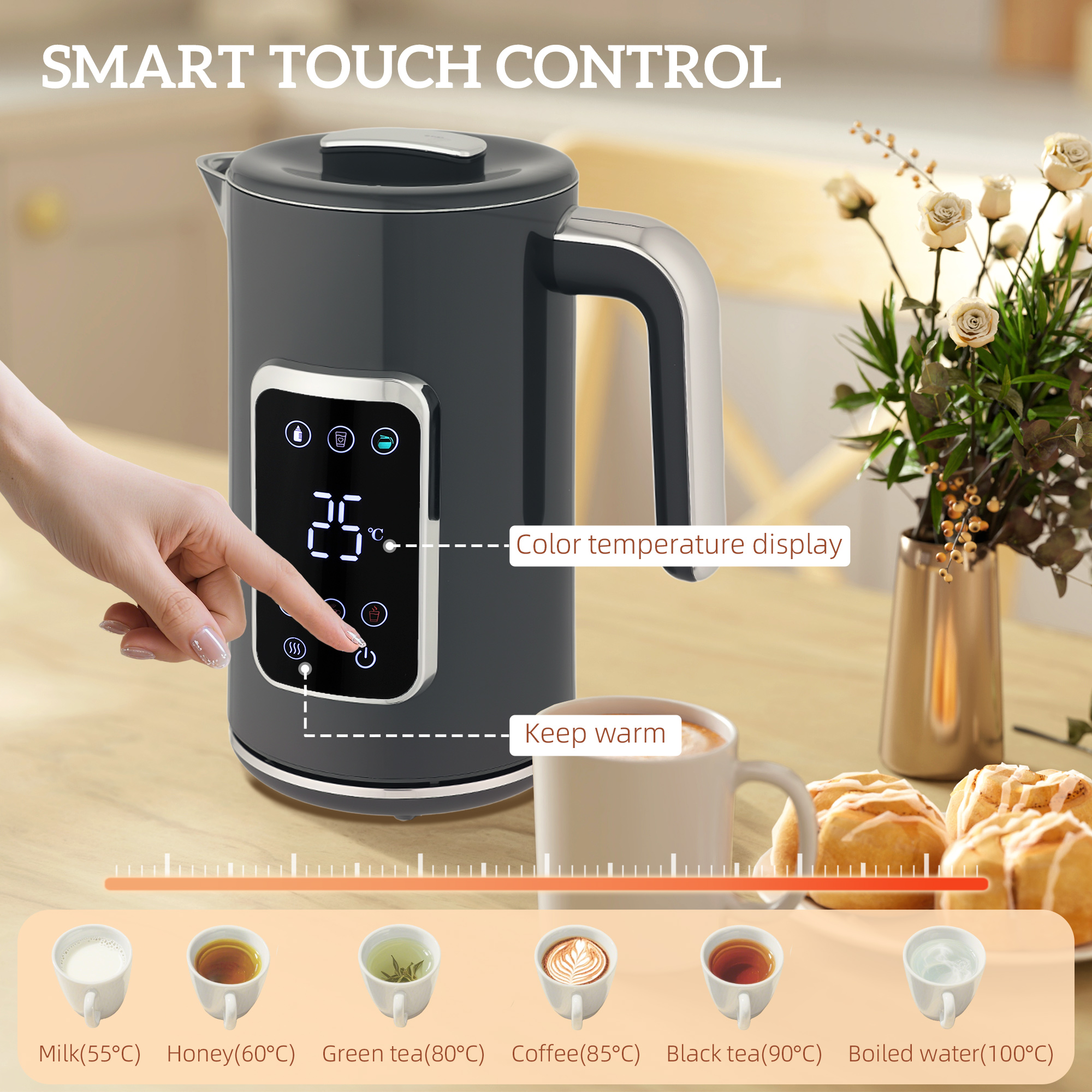 HOMCOM Touch Screen Kettle and Toaster Set Grey 5