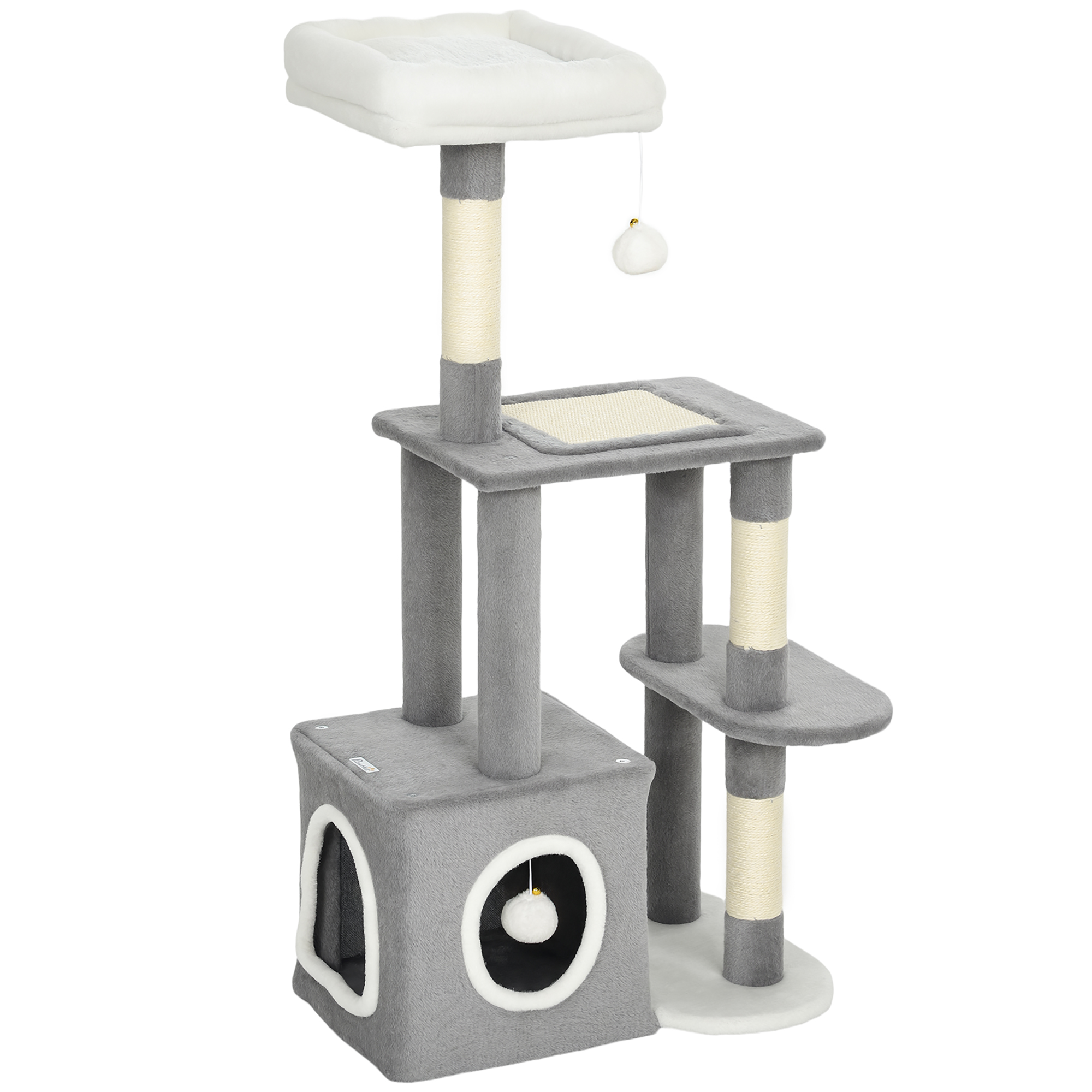PawHut Árbol rascador para gatos con casita, cama y 2 bolas, en madera y peluche, 55x40x107 cm, gris y blanco
