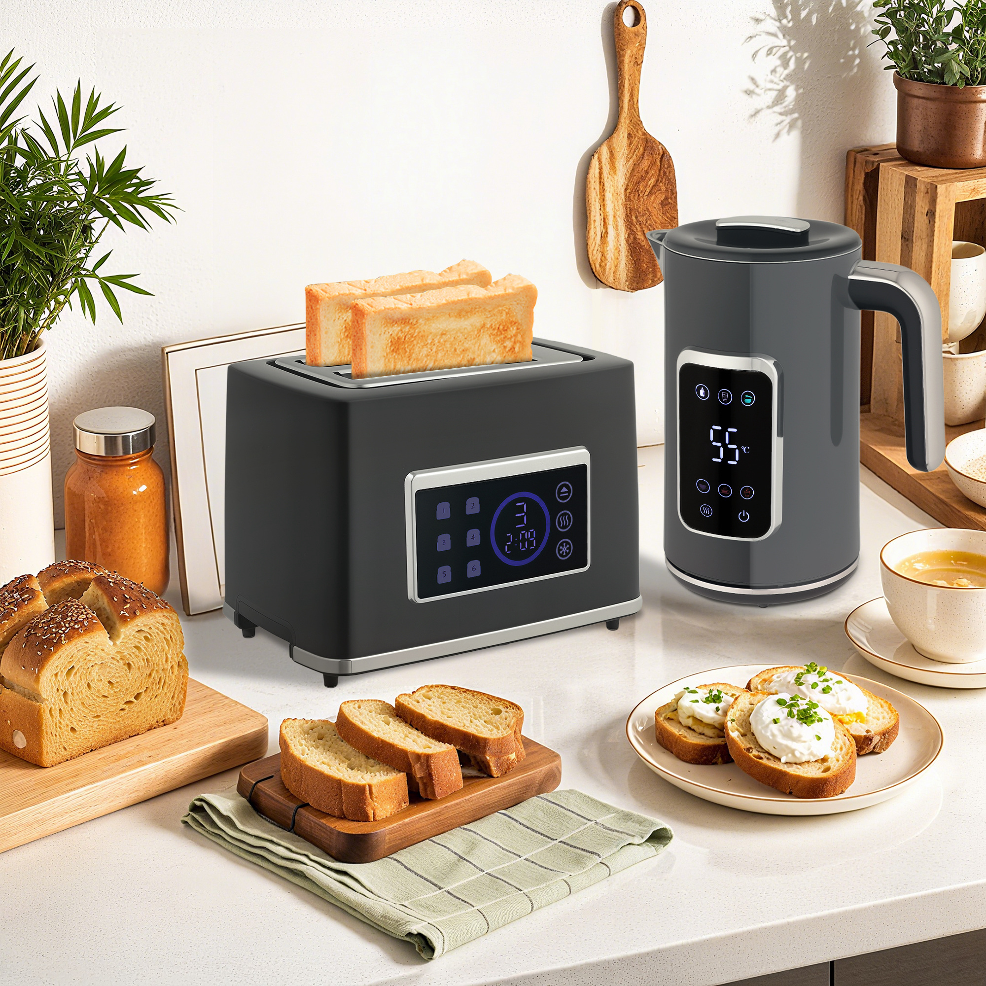 HOMCOM Touch Screen Kettle and Toaster Set Grey 2