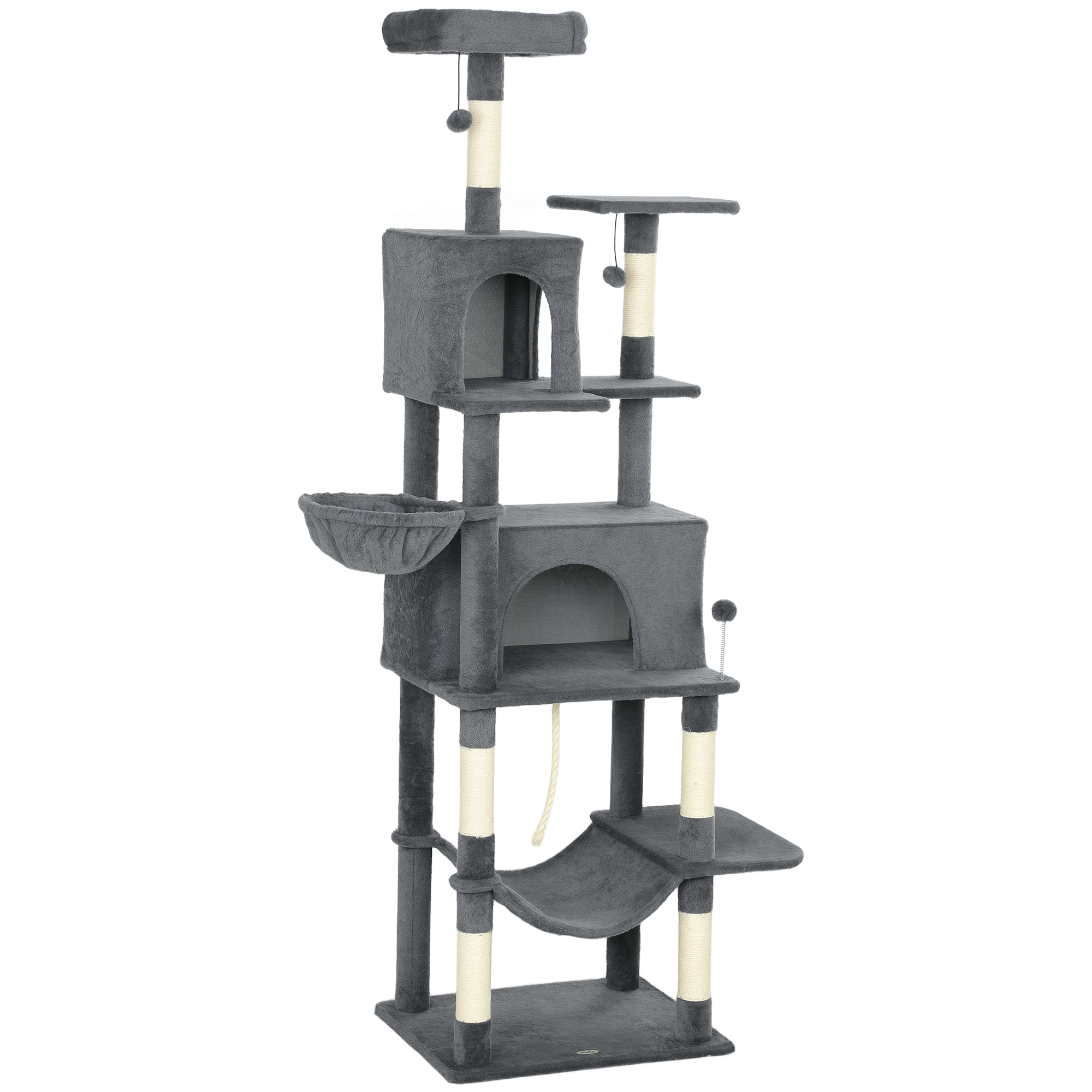 Comparer les prix de PawHut Arbre à chat 202 cm avec 6 poteaux en sisal, 2 niches, 2 hamacs et lit, Gris