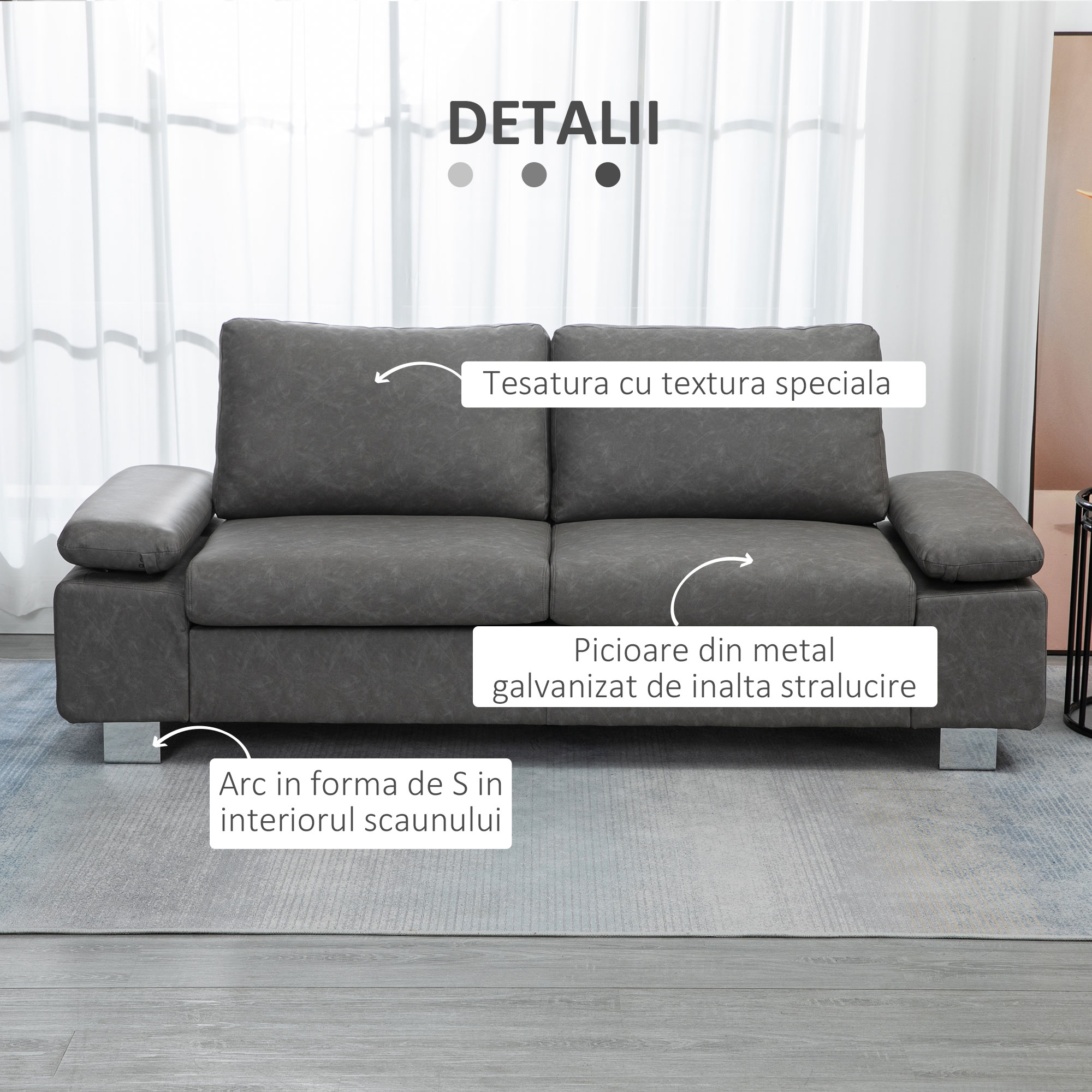 Canapea moderna dubla de lux cu 2 locuri, canapea tapitata cu brate reglabile pentru camera de zi, birou, gri [5]
