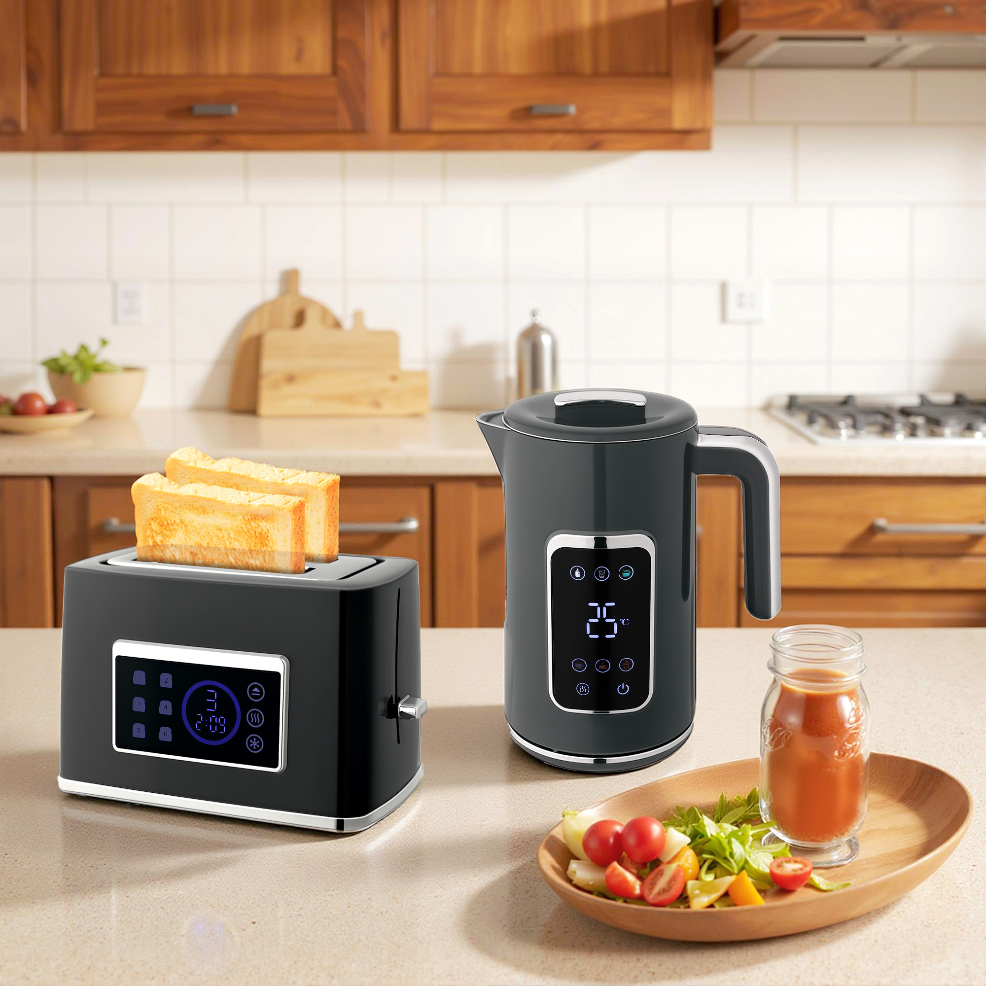 HOMCOM Touch Screen Kettle and Toaster Set Grey 9