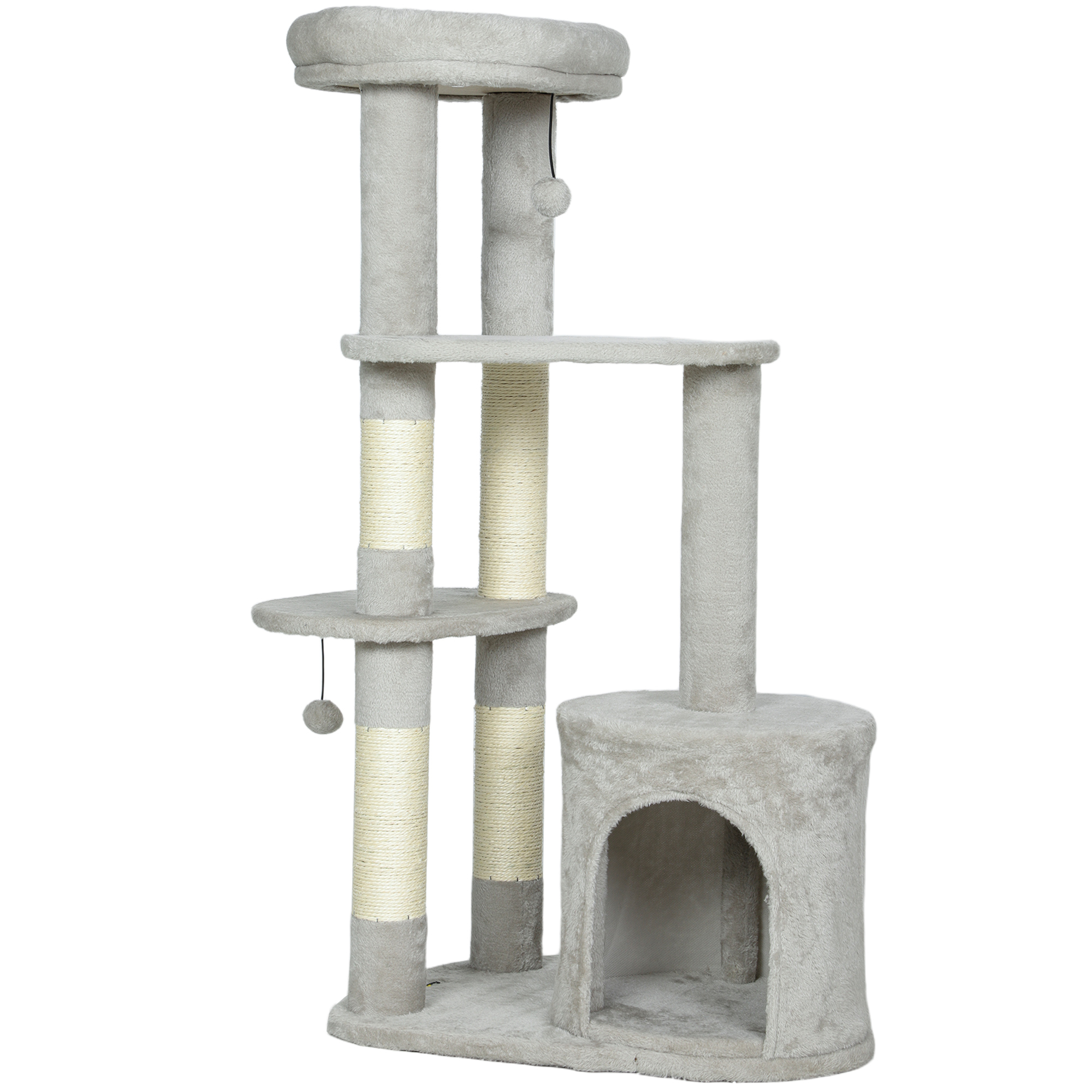 Meilleurs prix pour PawHut Arbre à chat 114 cm, tour avec cabane, poteaux en sisal, plateformes, multi-étages pour chats moyens jusqu'à 6 kg, Gris clair