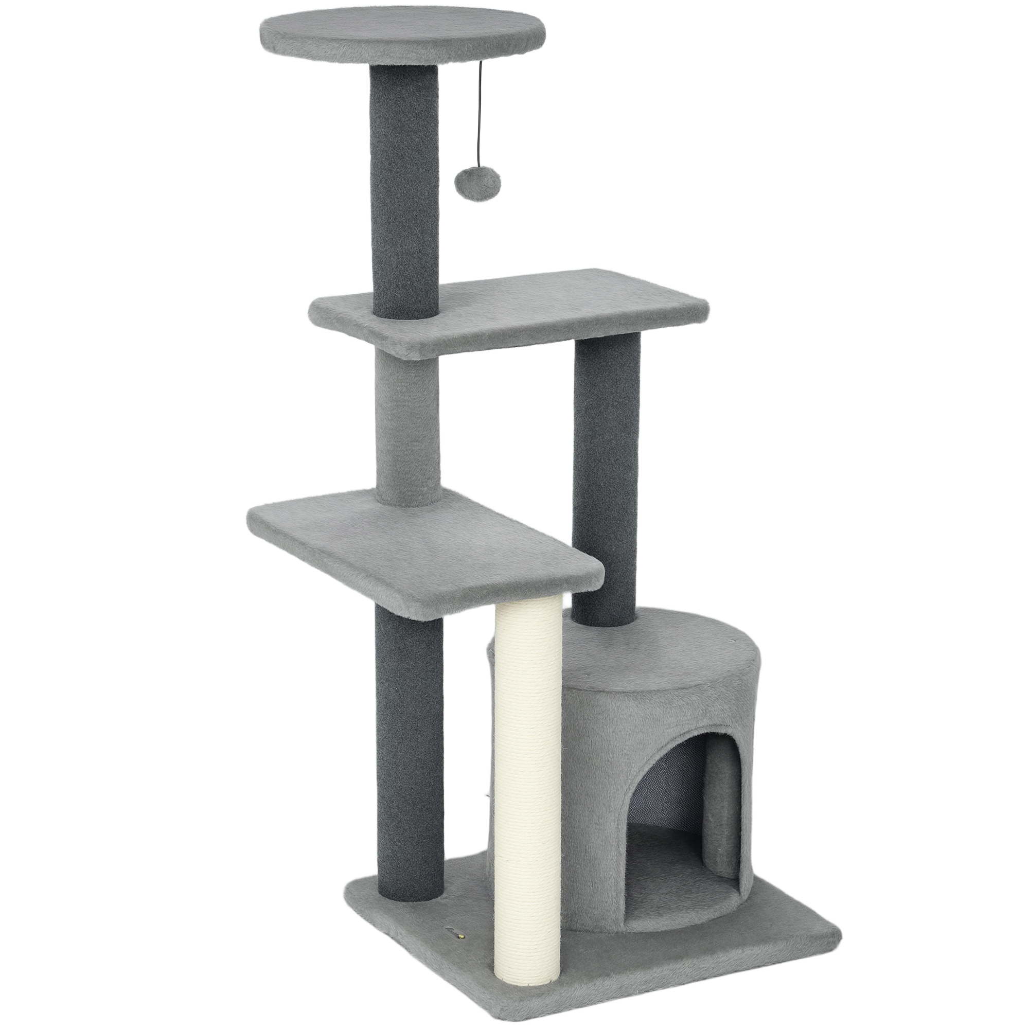 Meilleurs prix pour PawHut Arbre à Chat Multi-niveaux Hauteur 103 cm avec Poteaux Griffoirs en Sisal, Maisonnette et Boule en Peluche, Gris