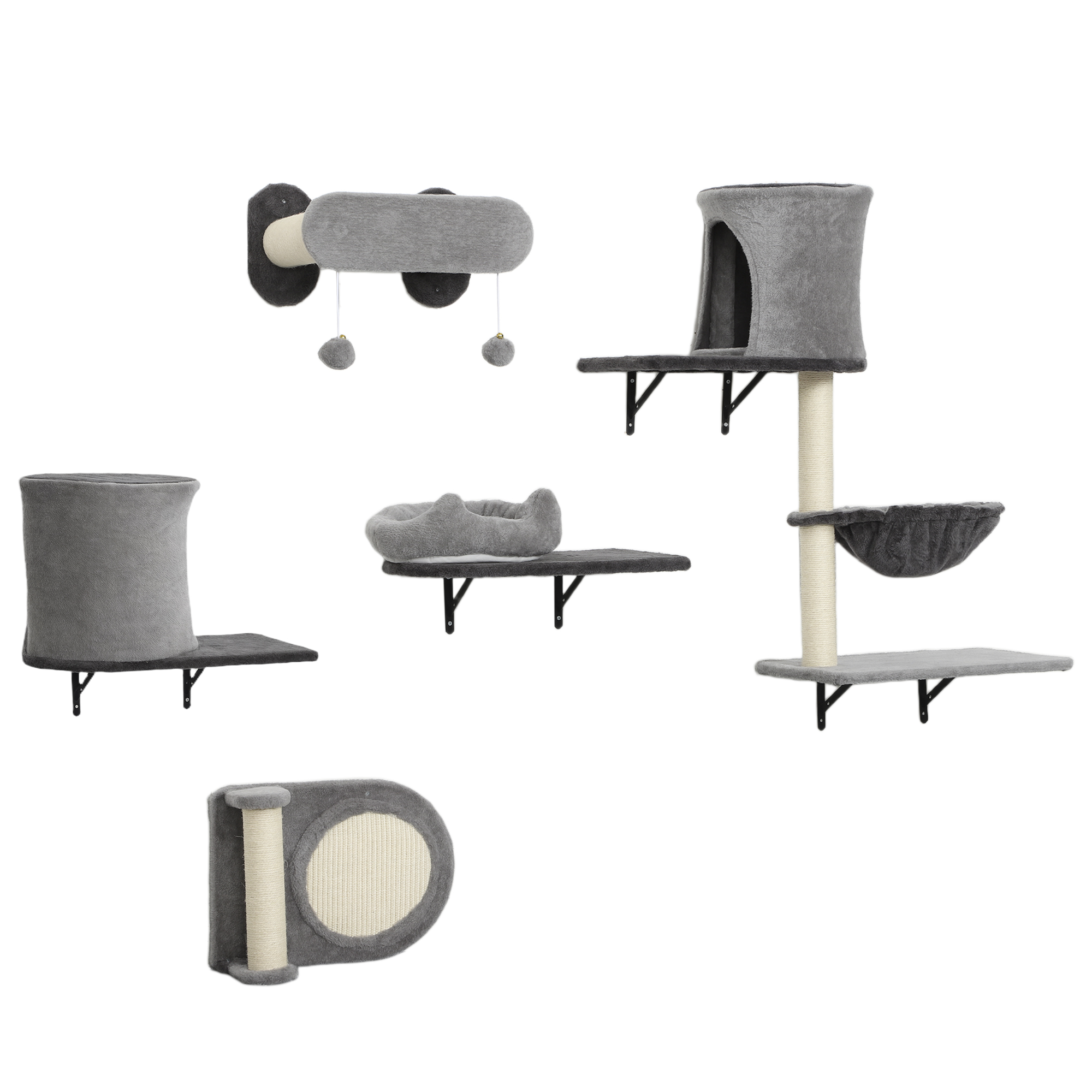 PawHut Mensole da parete per gatti, 5 pezzi, 2 nicchie, amaca e piattaforme tiragraffi in sisal, Grigio   Aosom Italy