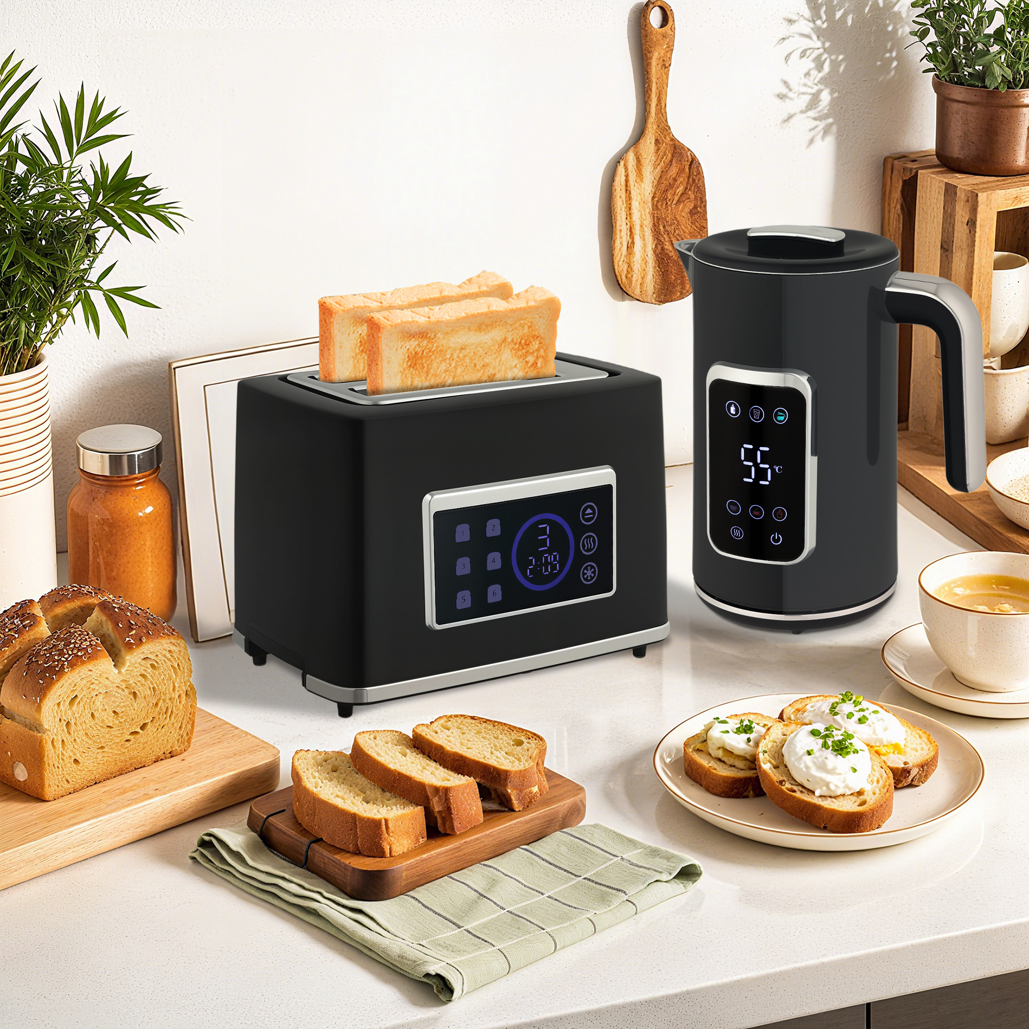 HOMCOM Touch Screen Kettle and Toaster Set Black 2