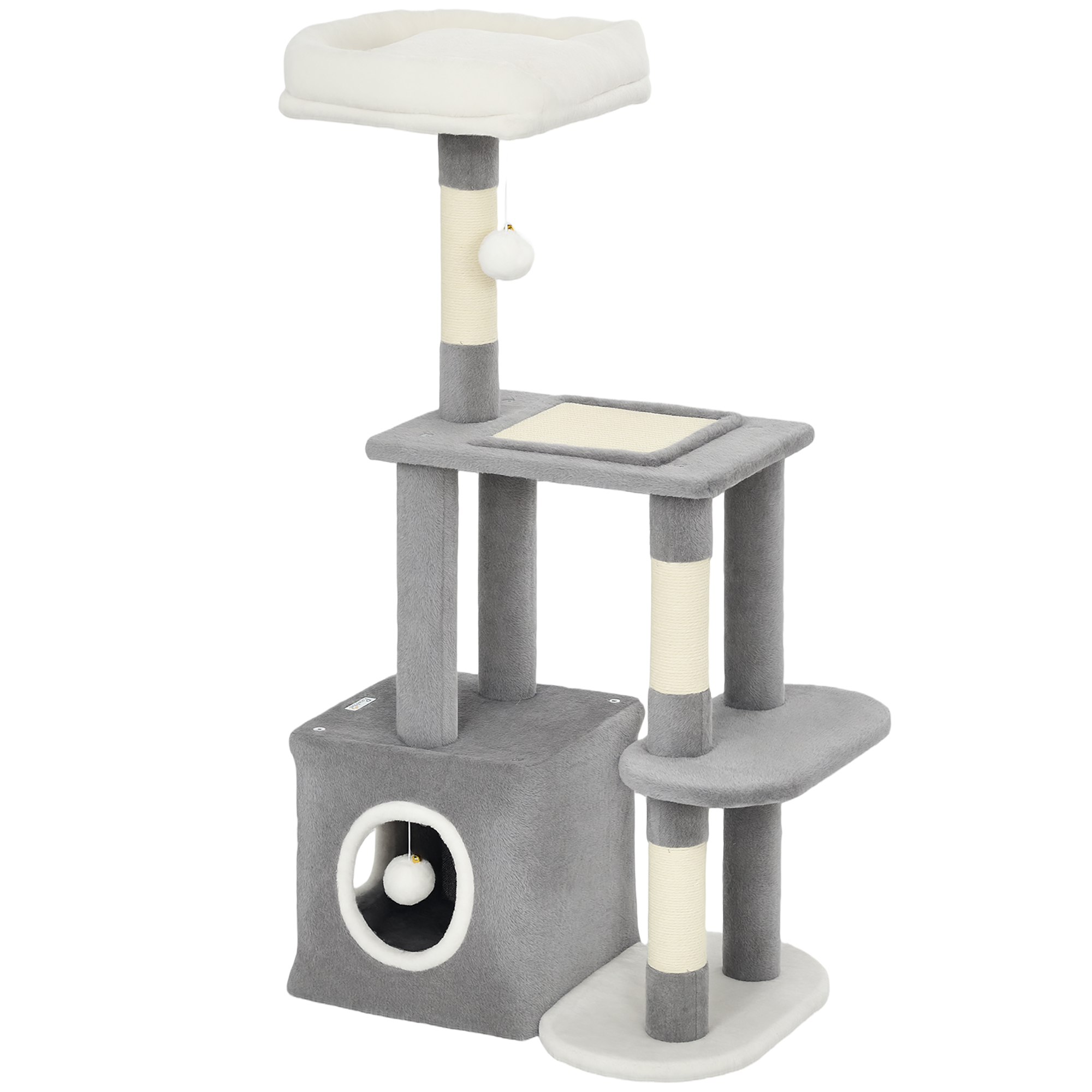 Meilleurs prix pour PawHut Arbre Griffoir pour Chats avec Maisonnette, Lit et 2 Balles, en Bois et Peluche, 55x40x107 cm, Gris et Blanc