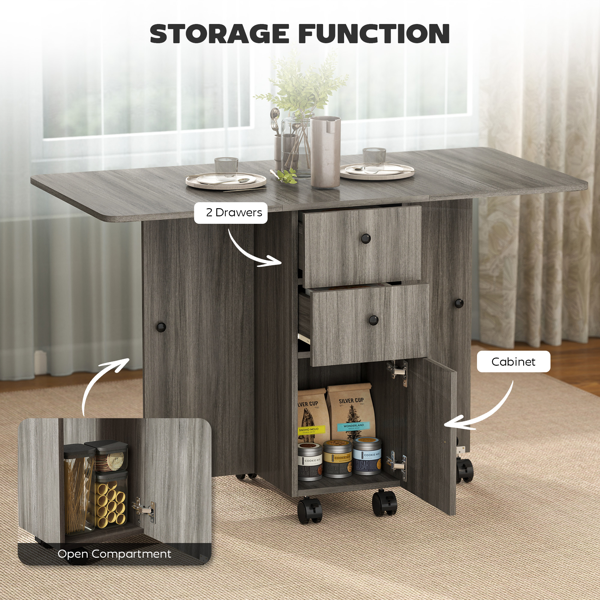 HOMCOM Multi-Storage Six-Person Drop Leaf Dining Table Grey 6
