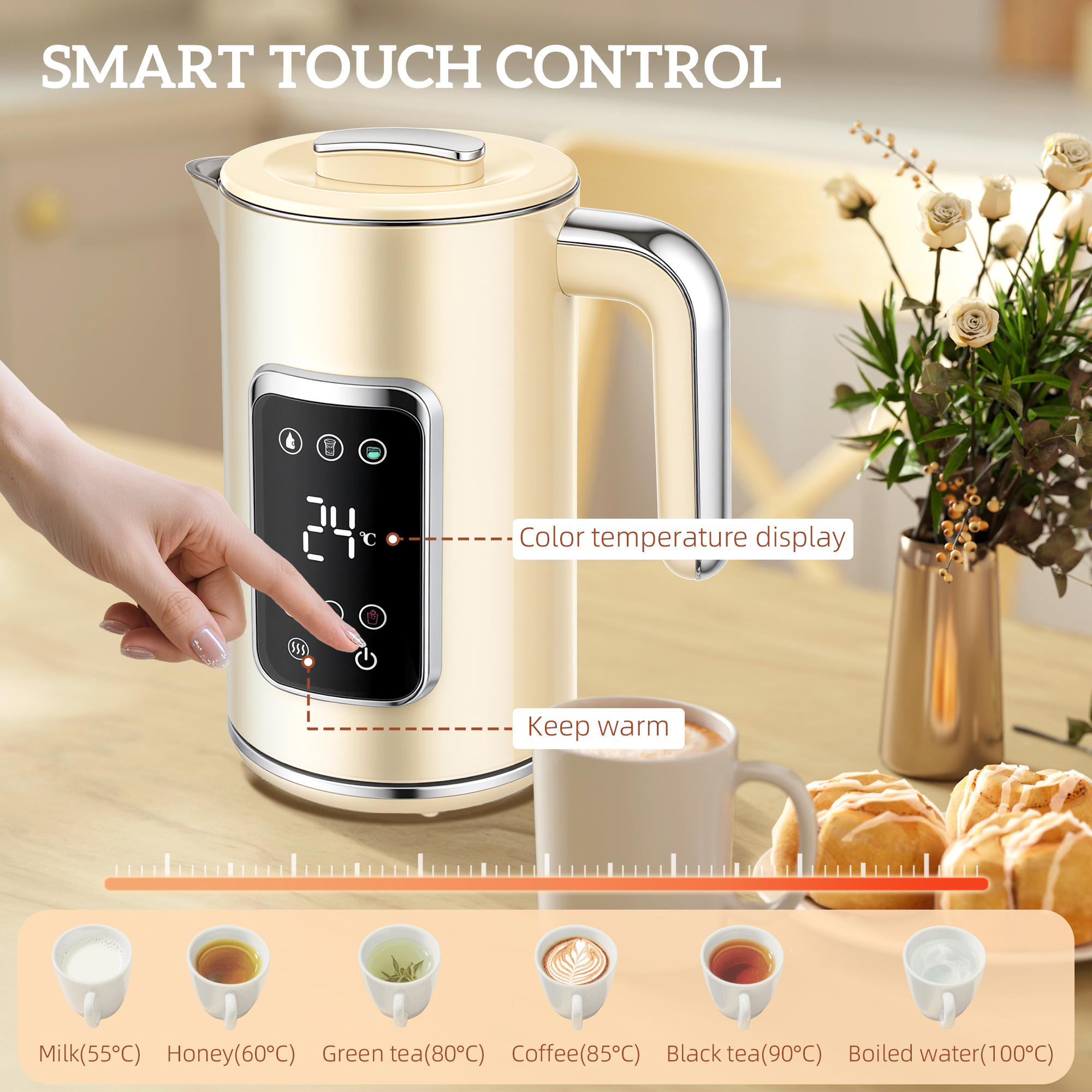 HOMCOM Touch Screen Kettle and Toaster Set Cream 5