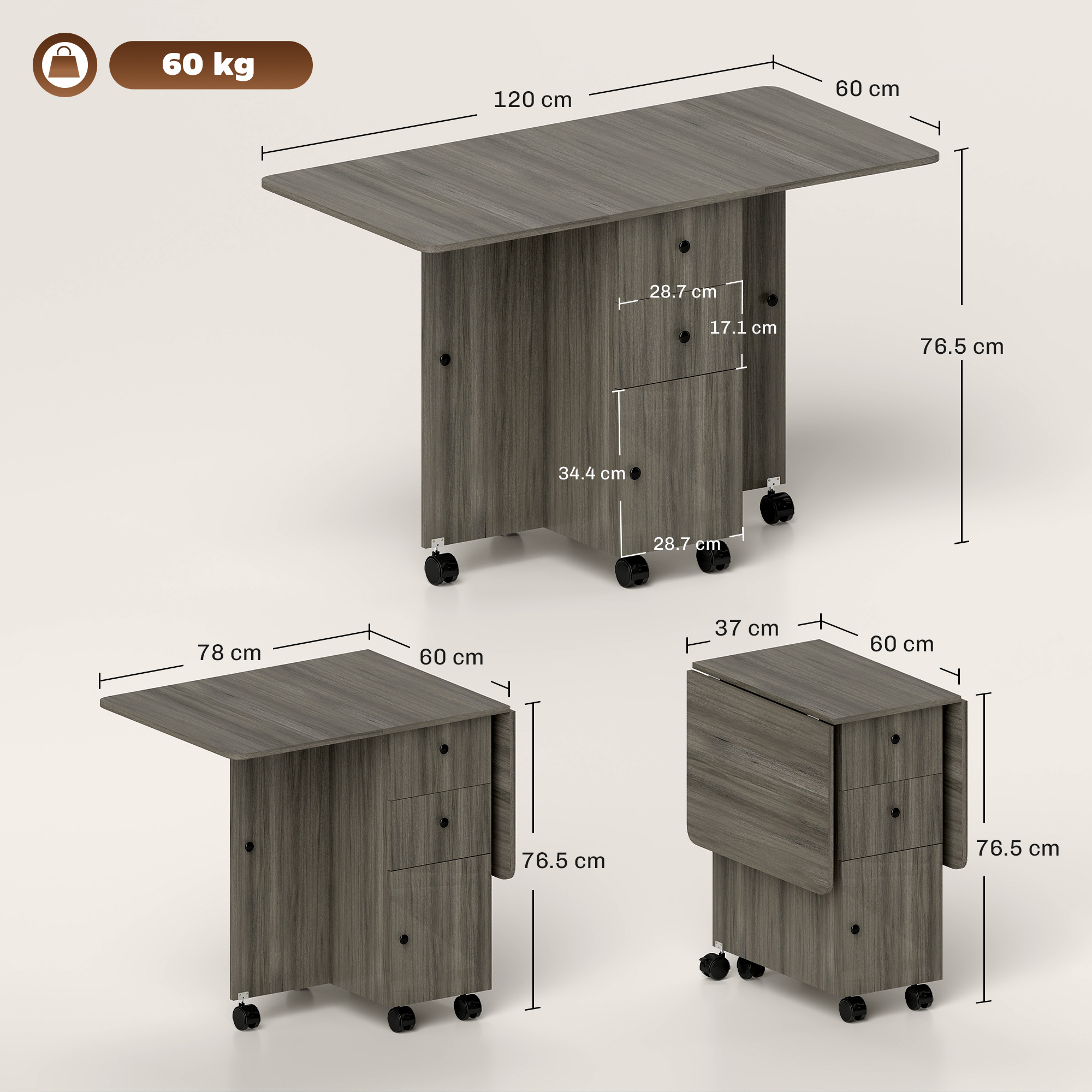HOMCOM Multi-Storage Six-Person Drop Leaf Dining Table Grey 3