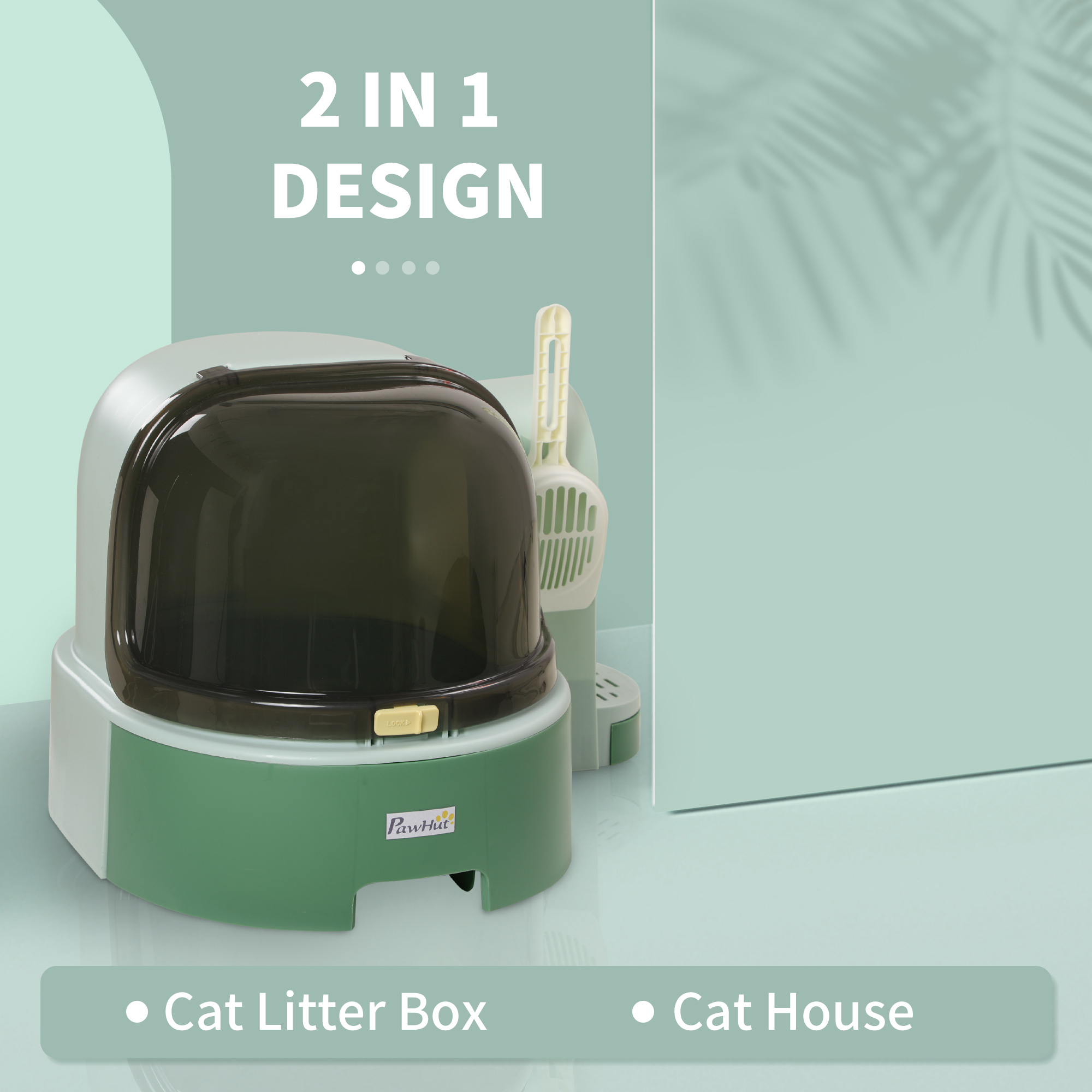 PawHut 2 in 1 Cat Litter Box, with Drawer Pans, Scoop, Openable Cover Green 4