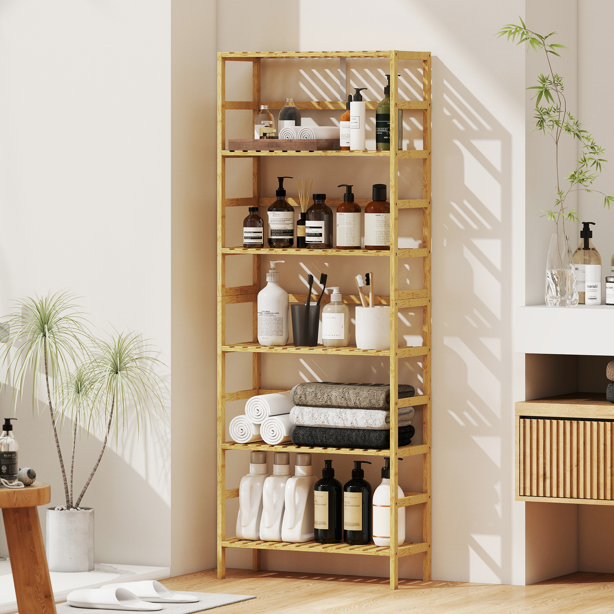 HOMCOM Badregal Standregal Bambus mit 6 verstellbaren Ablagen, Küchenregal günstig online kaufen