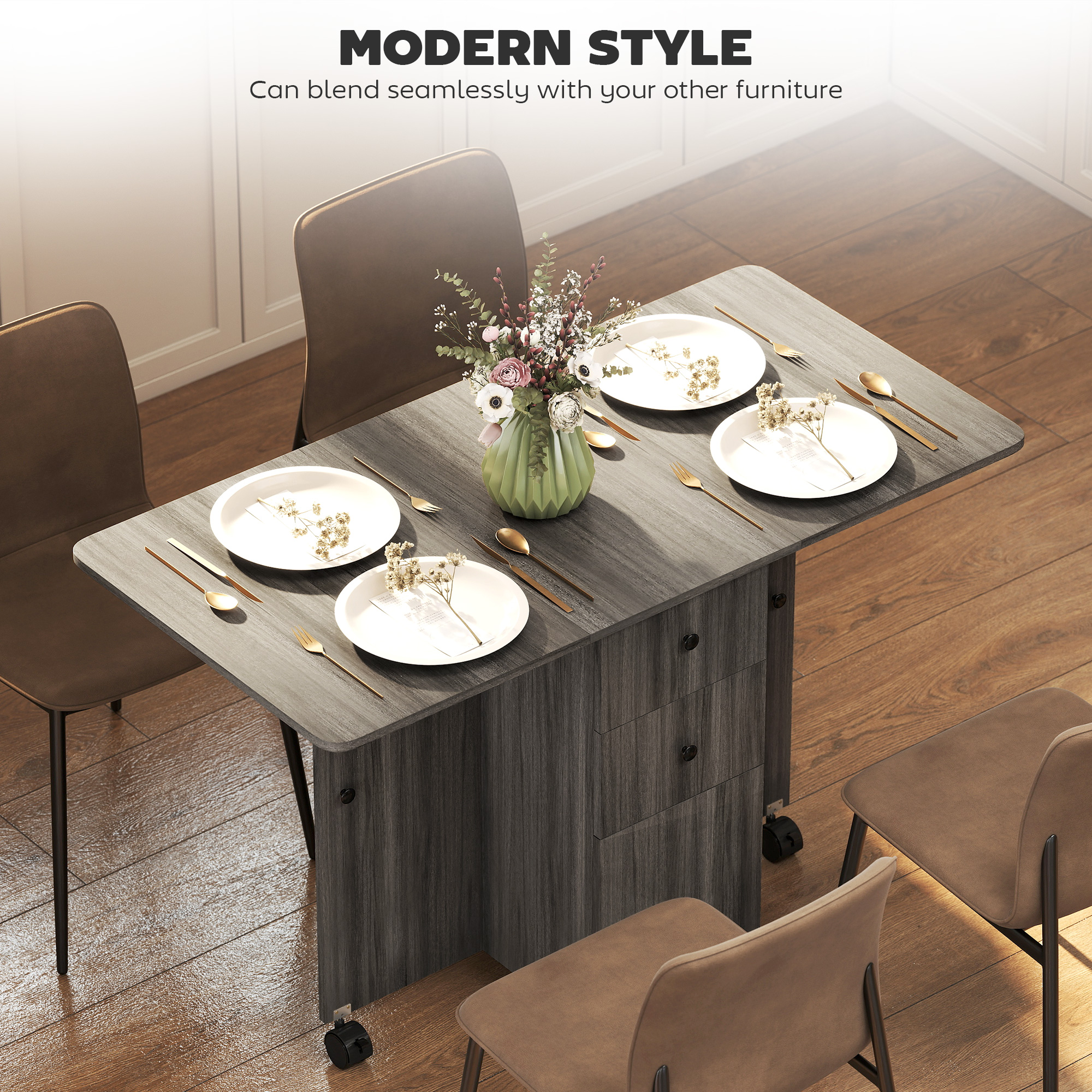 HOMCOM Multi-Storage Six-Person Drop Leaf Dining Table Grey 4
