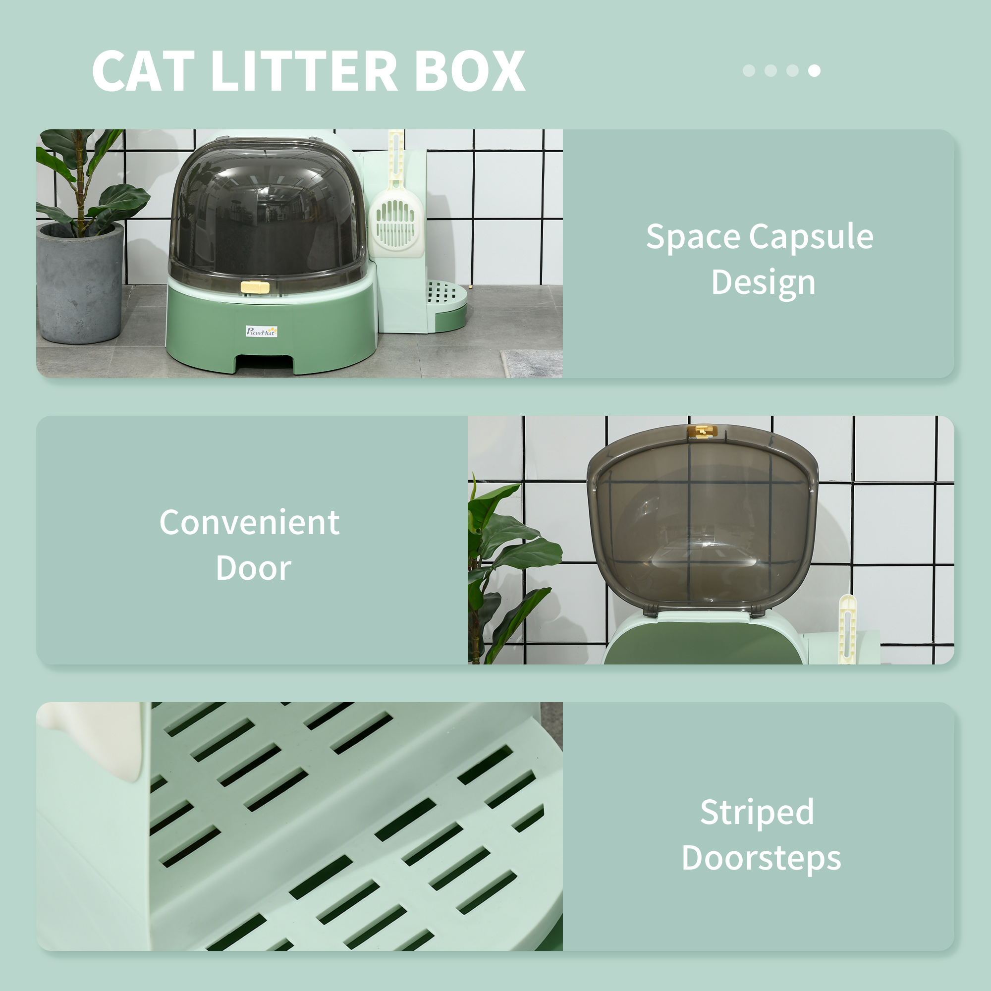 PawHut 2 in 1 Cat Litter Box, with Drawer Pans, Scoop, Openable Cover Green 7