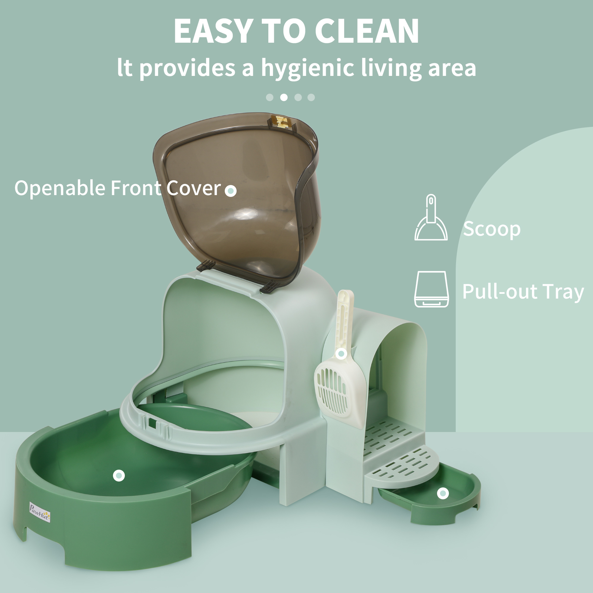 PawHut 2 in 1 Cat Litter Box, with Drawer Pans, Scoop, Openable Cover Green 5