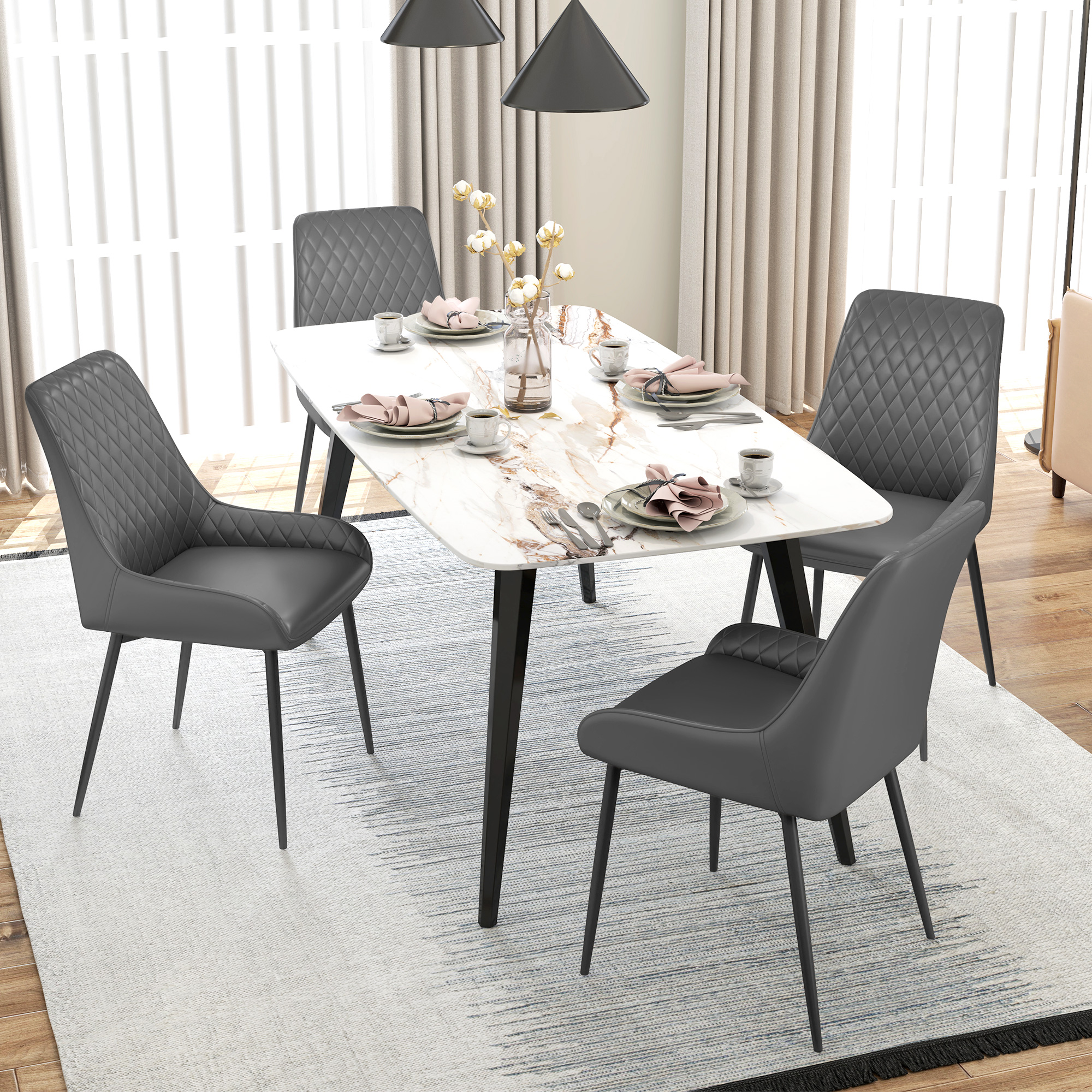 HOMCOM Set Of 2 Quilted PU Leather Dining Chairs with Metal Frame 4 Legs Foot Caps Home Seating Modern Stylish Executive Grey 4