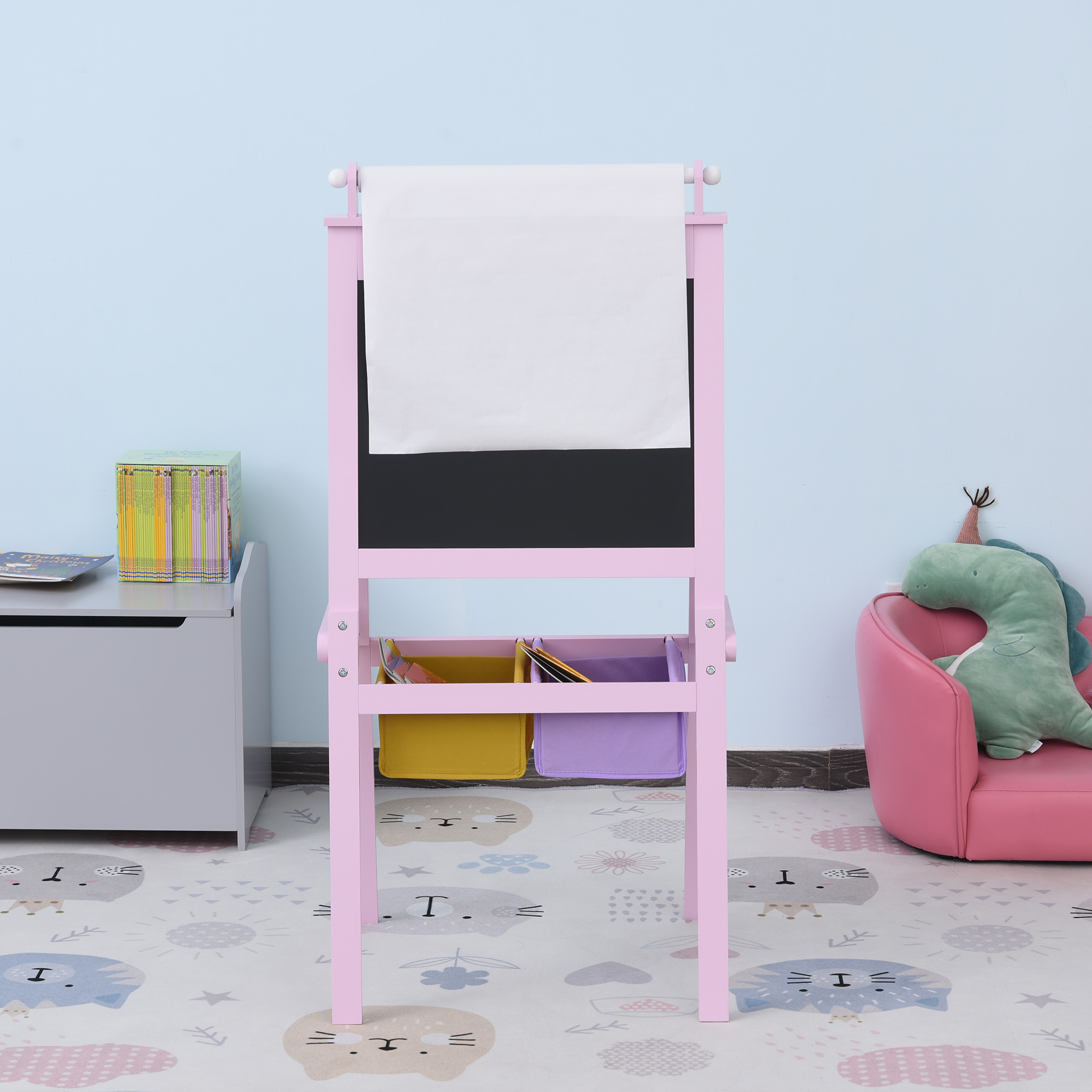 Chevalet Double Face Pour Enfants - Tableau Noir Et Blanc En Bois - 59x50x117 Cm - Avec Rouleau De Papier Et Rangements - À Partir De 3 Ans (rose)