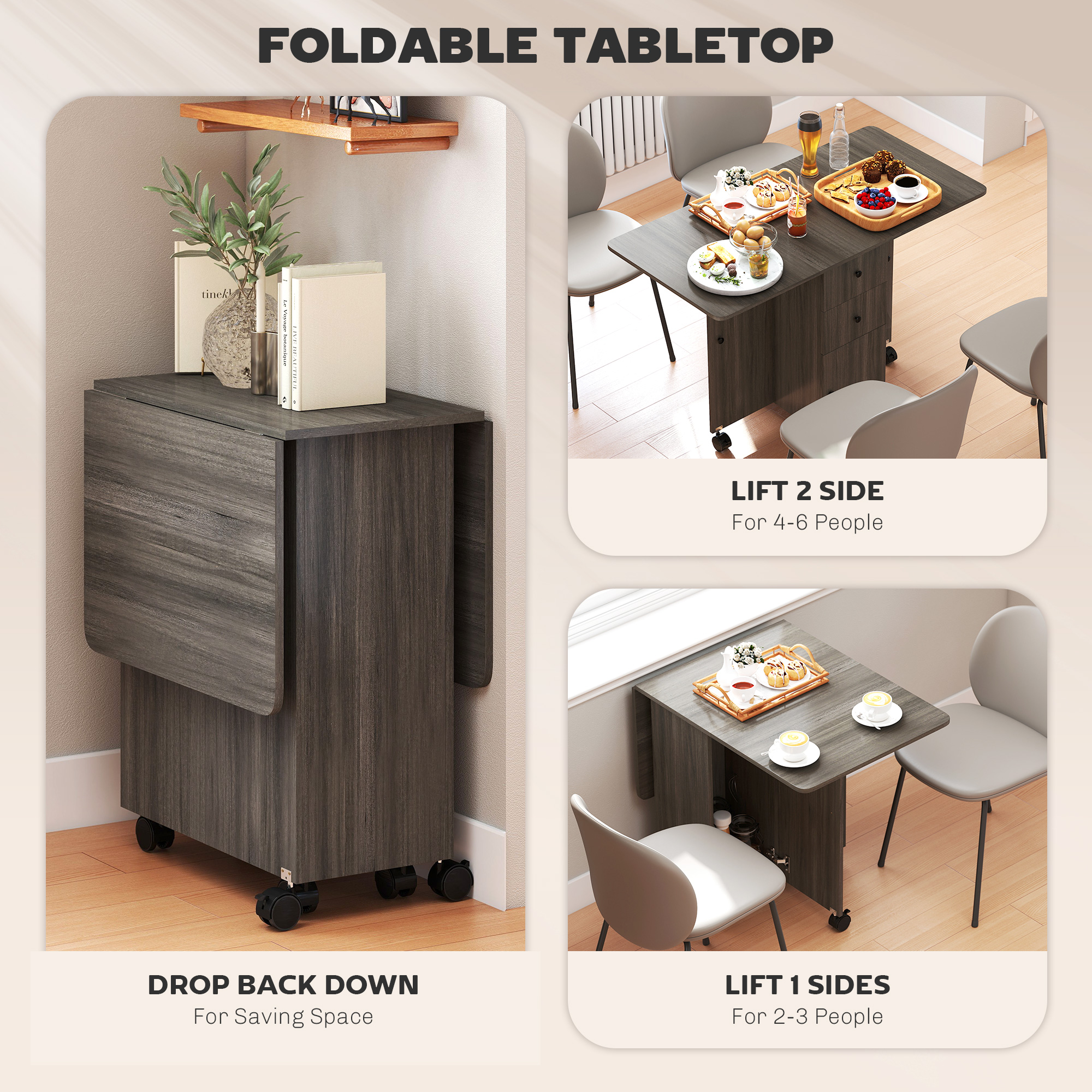 HOMCOM Multi-Storage Six-Person Drop Leaf Dining Table Grey 5
