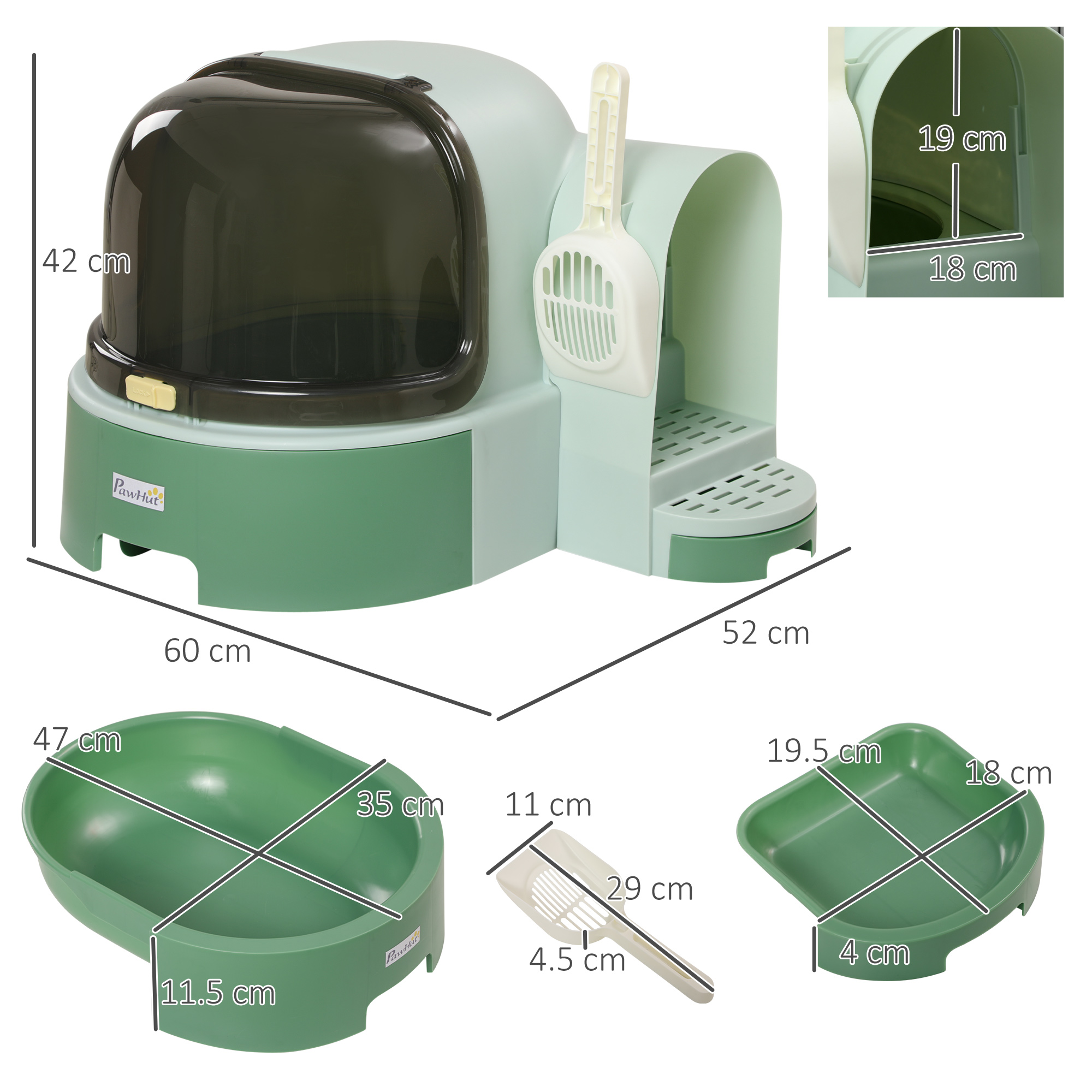 PawHut 2 in 1 Cat Litter Box, with Drawer Pans, Scoop, Openable Cover Green 3