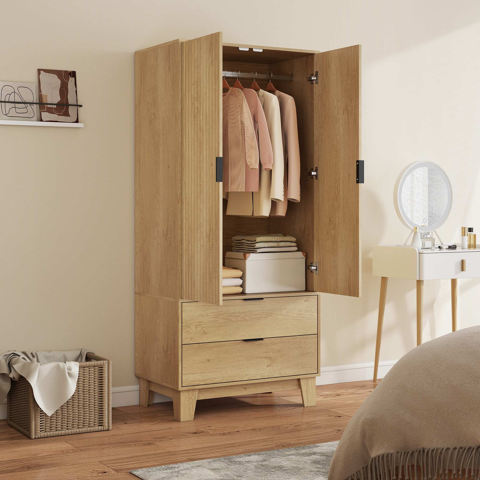 HOMCOM Kleiderschrank mit 2 gerillten Soft-Close-Türen, 2 Schubladen und Kl günstig online kaufen