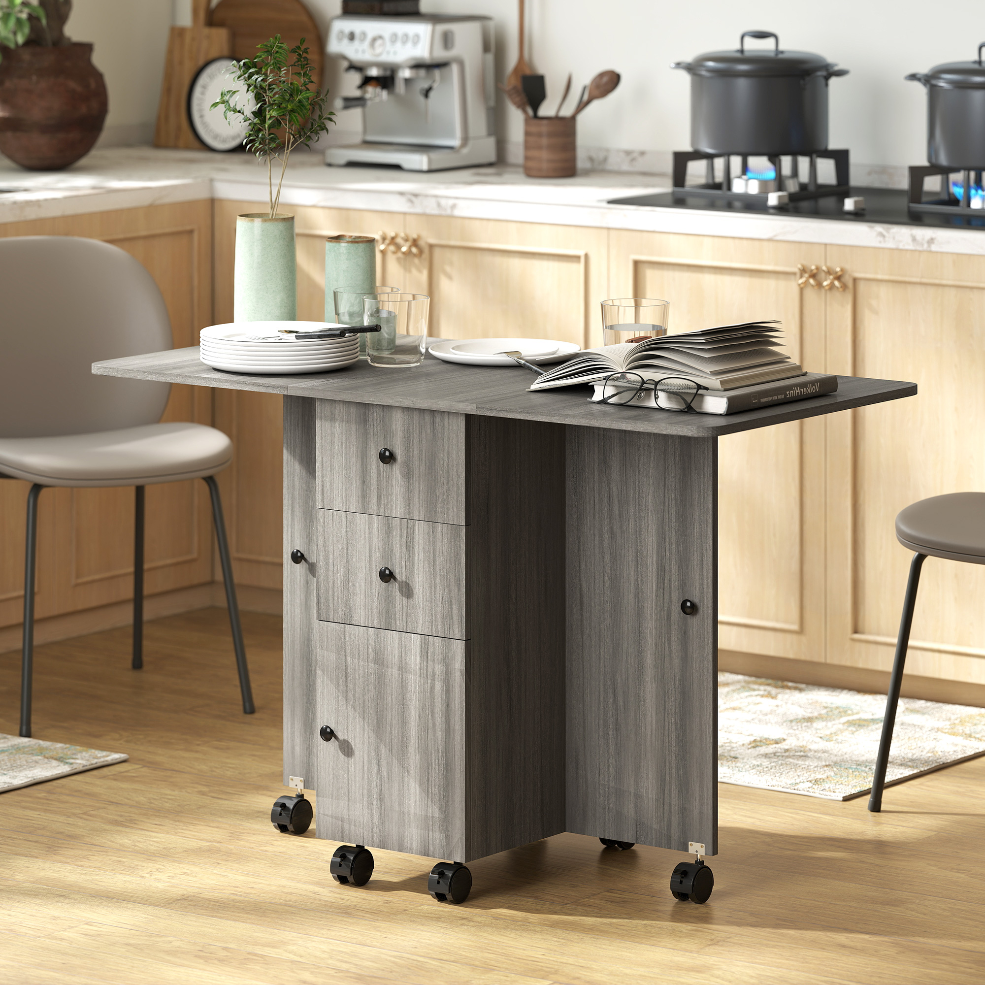 HOMCOM Multi-Storage Six-Person Drop Leaf Dining Table Grey 2