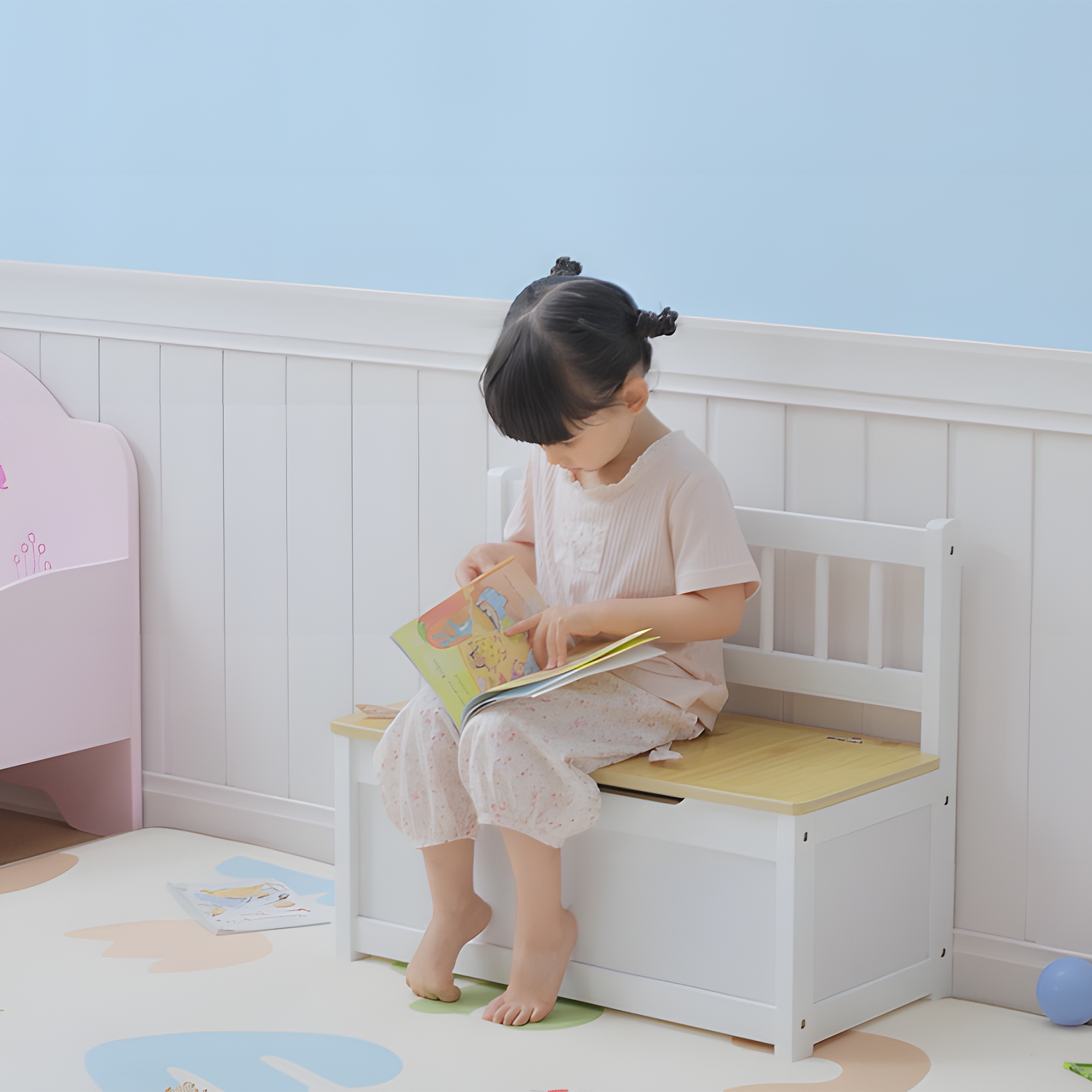 HOMCOM 2 In 1 Wooden Toy Box, Seat Storage Bench, Storage Chest Cabinet Organiser, with Safety Pneumatic Rod 8