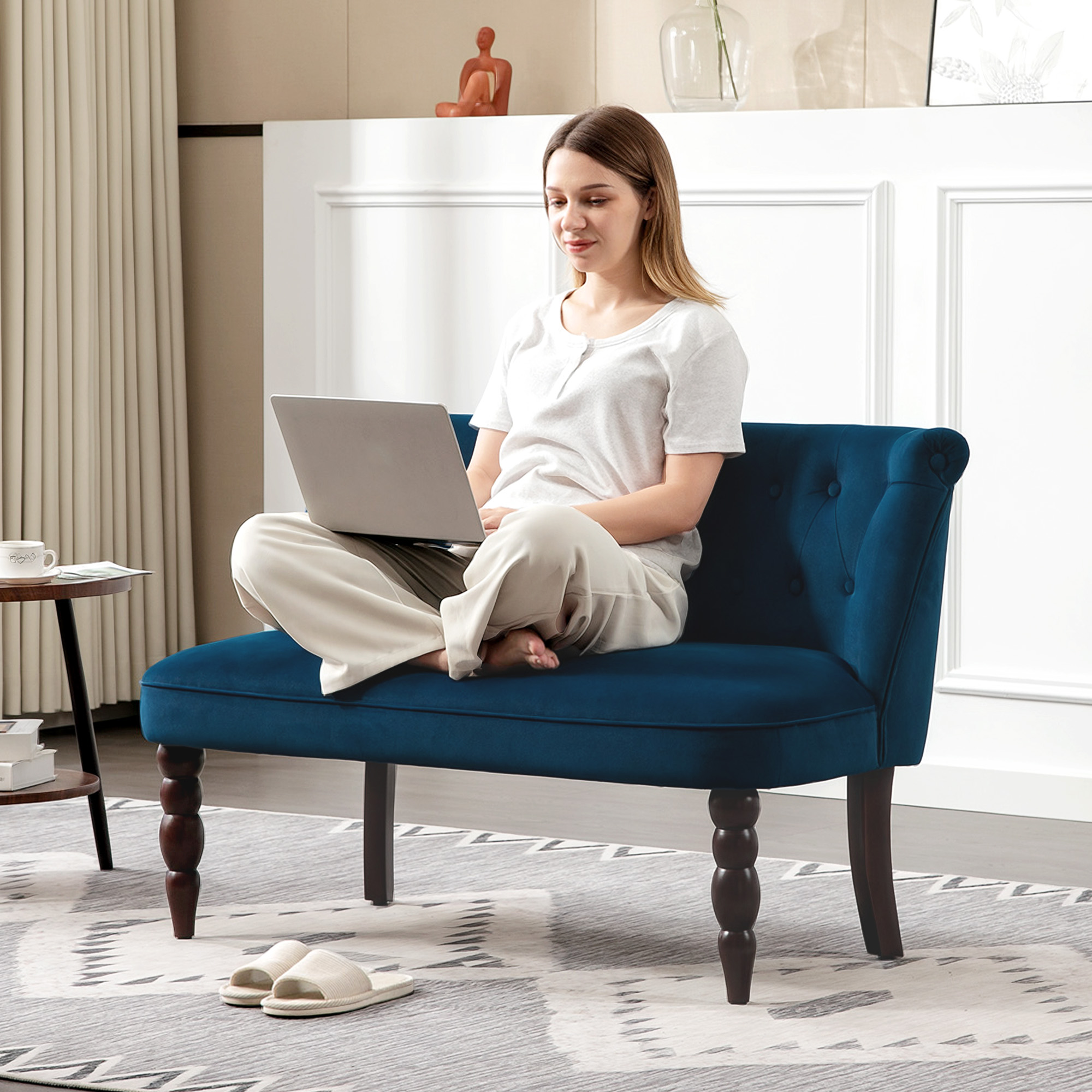 HOMCOM Velvet 2 Seater Sofa, Button Tufted Wingback Loveseat with Rubber Wood Legs for Living Room, Bedroom, Dark Blue 8