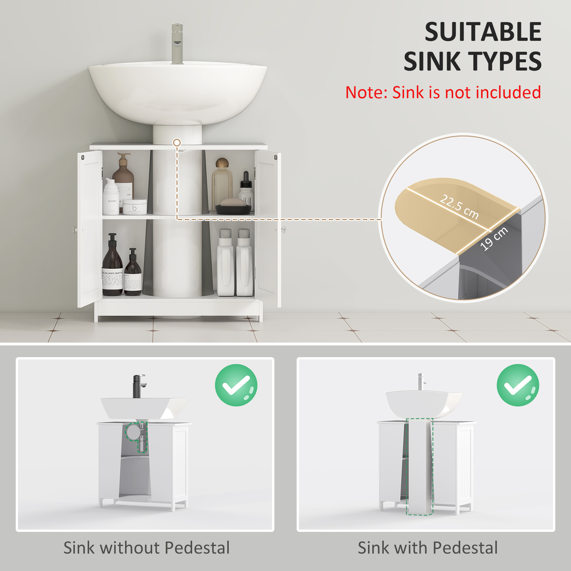 HOMCOM Under Sink Bathroom Storage Cabinet 2 Layers Vanity Unit Wooden White 4