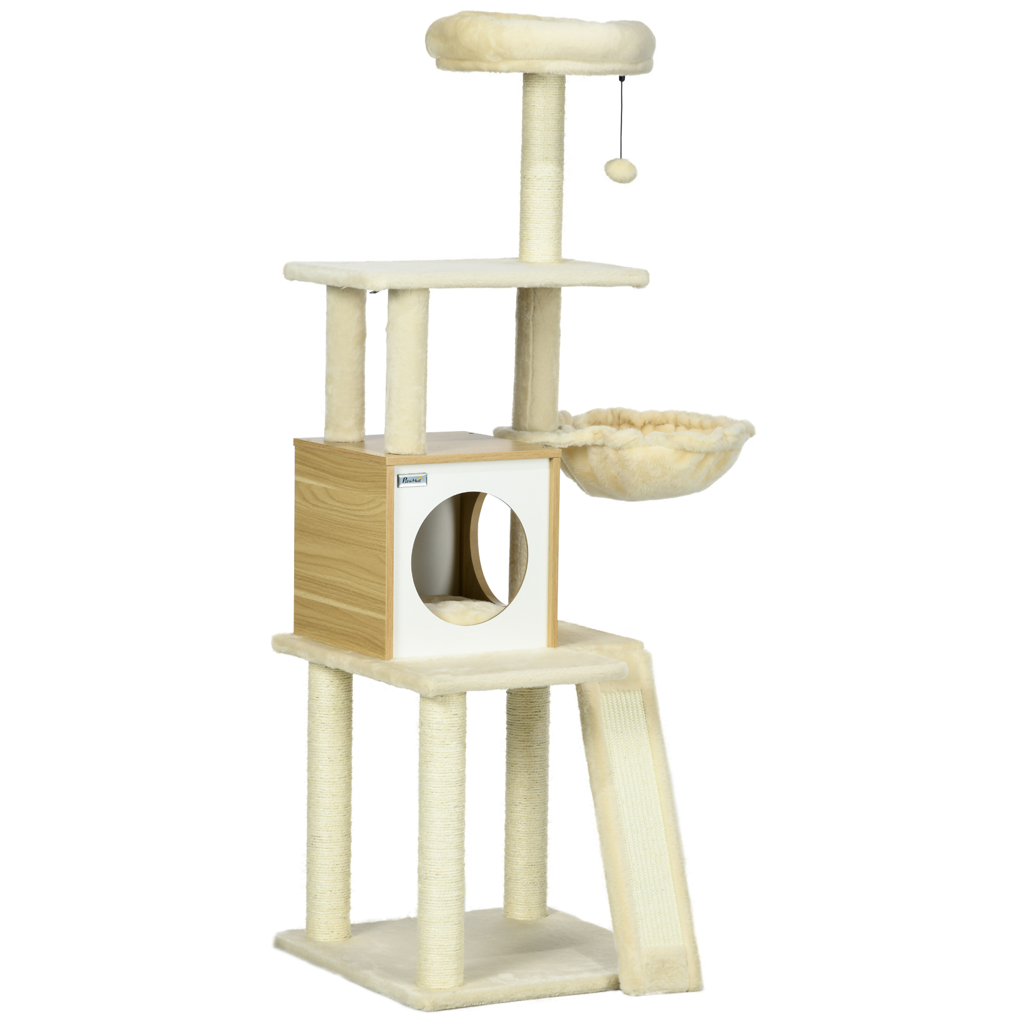 PawHut Copac Pisici cu Casuță Stâlpi Zgârieturi Bej 48.5x48.5x141.5cm | Aosom Romania