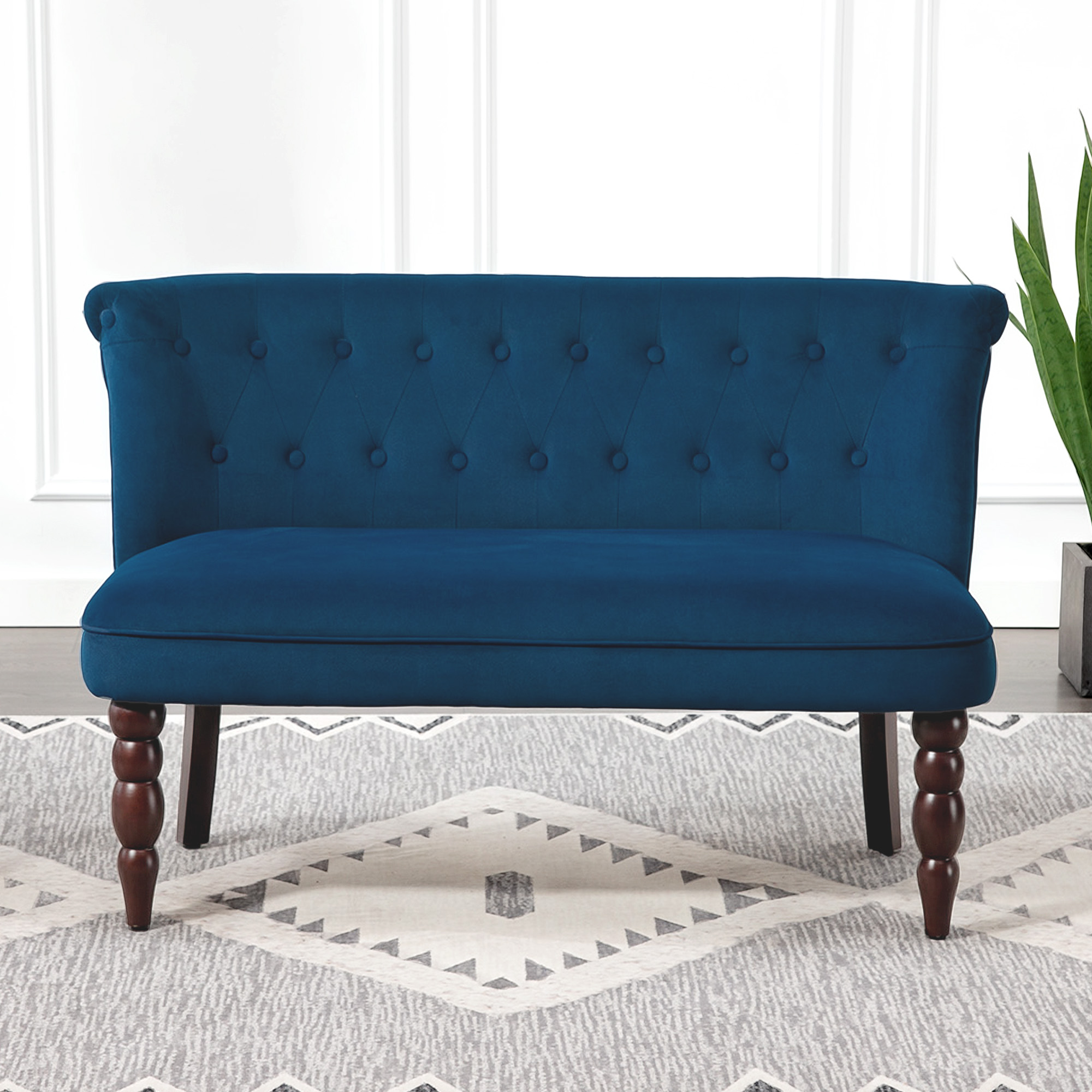 HOMCOM Velvet 2 Seater Sofa, Button Tufted Wingback Loveseat with Rubber Wood Legs for Living Room, Bedroom, Dark Blue 9