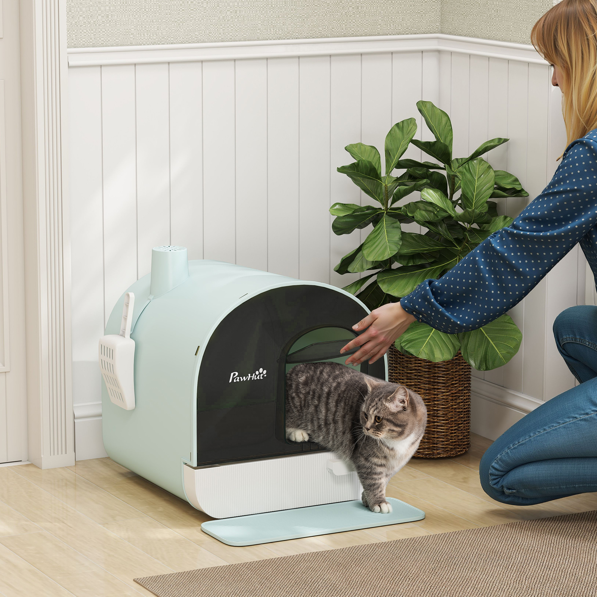 PawHut Hooded Cat Litter Box, Kitten Litter Tray, with Lid, Scoop, Filter, Flap Door 2