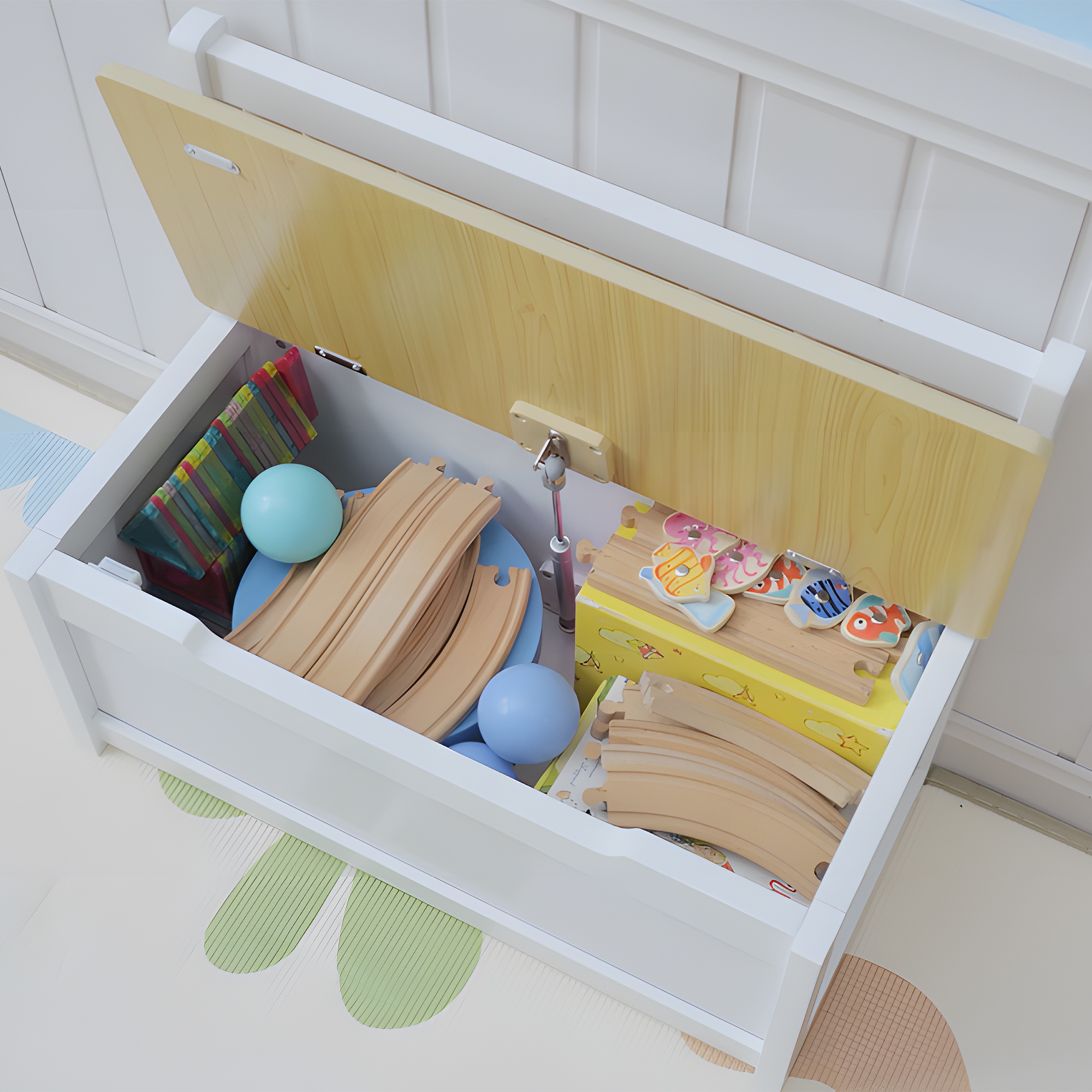 HOMCOM 2 In 1 Wooden Toy Box, Seat Storage Bench, Storage Chest Cabinet Organiser, with Safety Pneumatic Rod 7