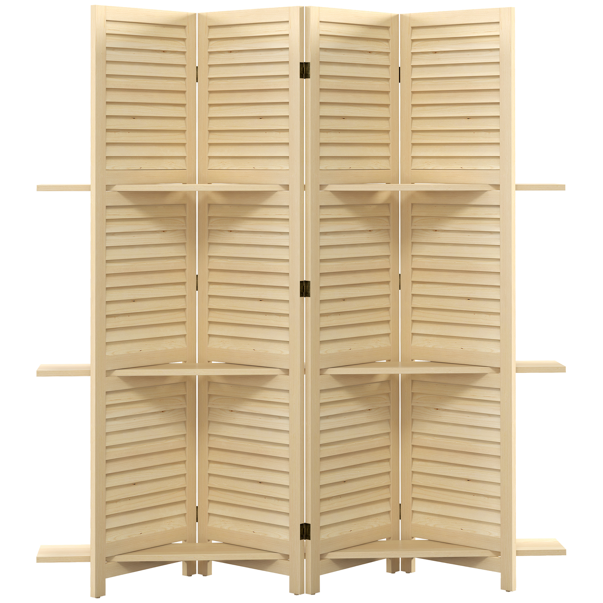 HOMCOM Paravent intérieur 4 panneaux 160L x 170H cm 3 étagères pliables séparateur de pièce portes persiennes naturel HOMCOM Paravent intérieur 4 panneaux 160L x 170H cm 3 étagères pliables séparateur de pièce portes persiennes naturel