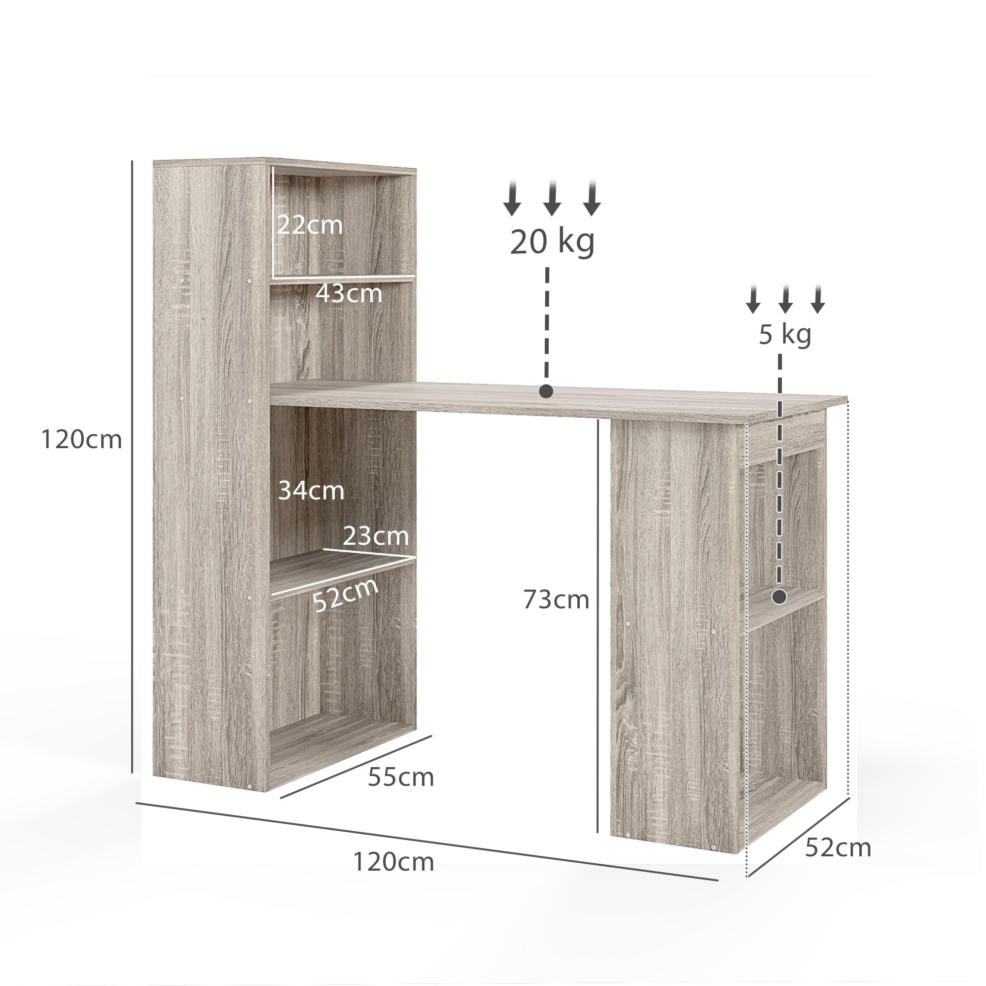 HOMCOM 120cm Computer Desk, Wooden PC Laptop Table with 6-Tier Storage Bookshelves, Home Office Working Study Desk, Writing Workstation, Grey 3