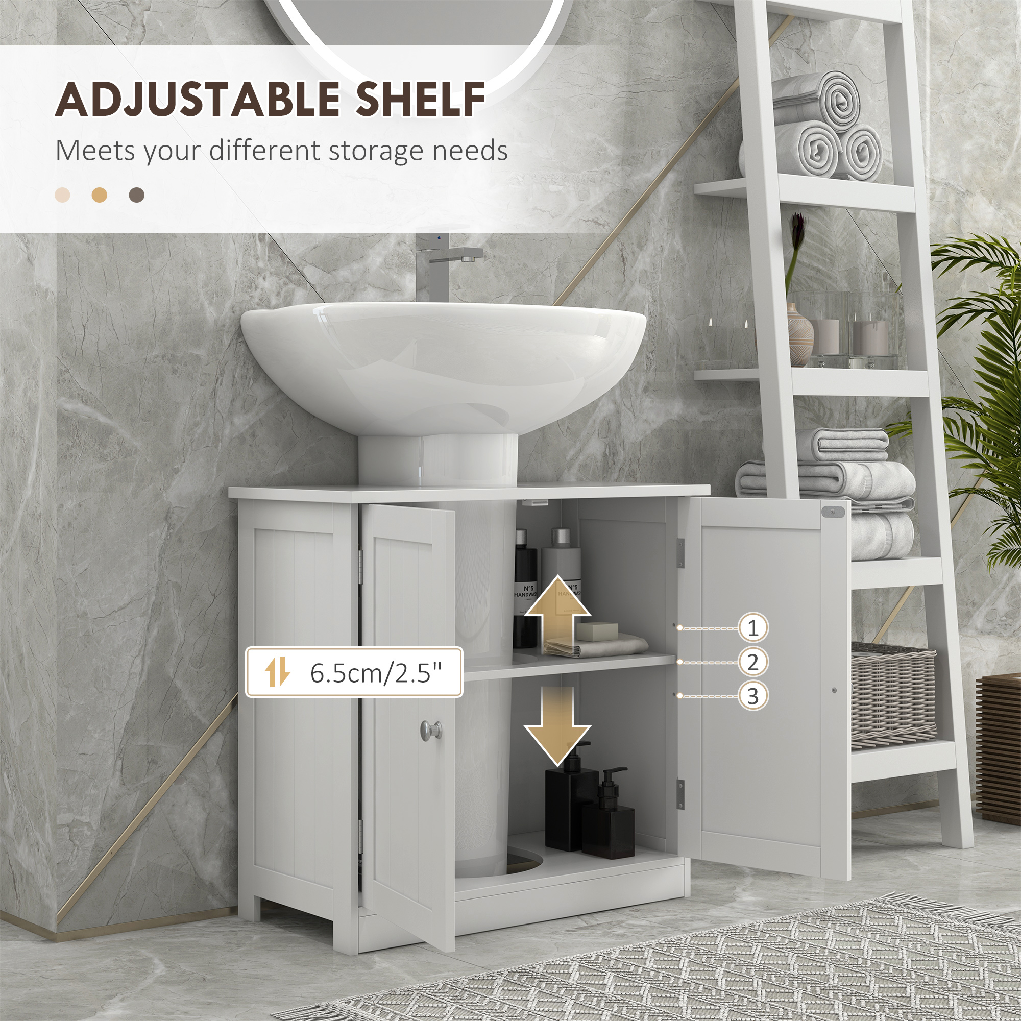 HOMCOM Under Sink Bathroom Storage Cabinet 2 Layers Vanity Unit Wooden White 5