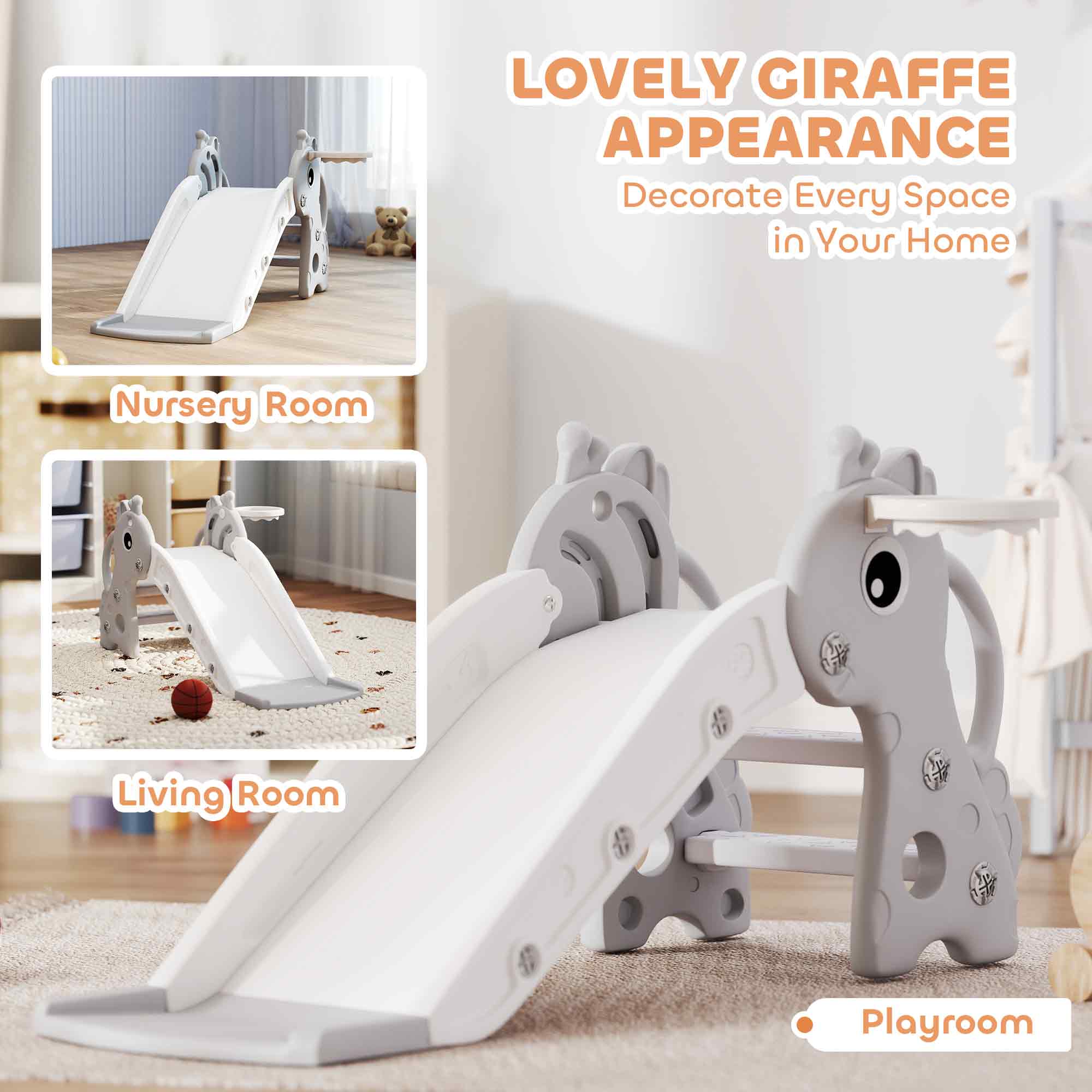 AIYAPLAY 3 in 1 Kids Slide with Climber, Basketball Hoop and Ball, Giraffe Shape Climber Slide for Indoor Kids Age 1-3, Grey 5