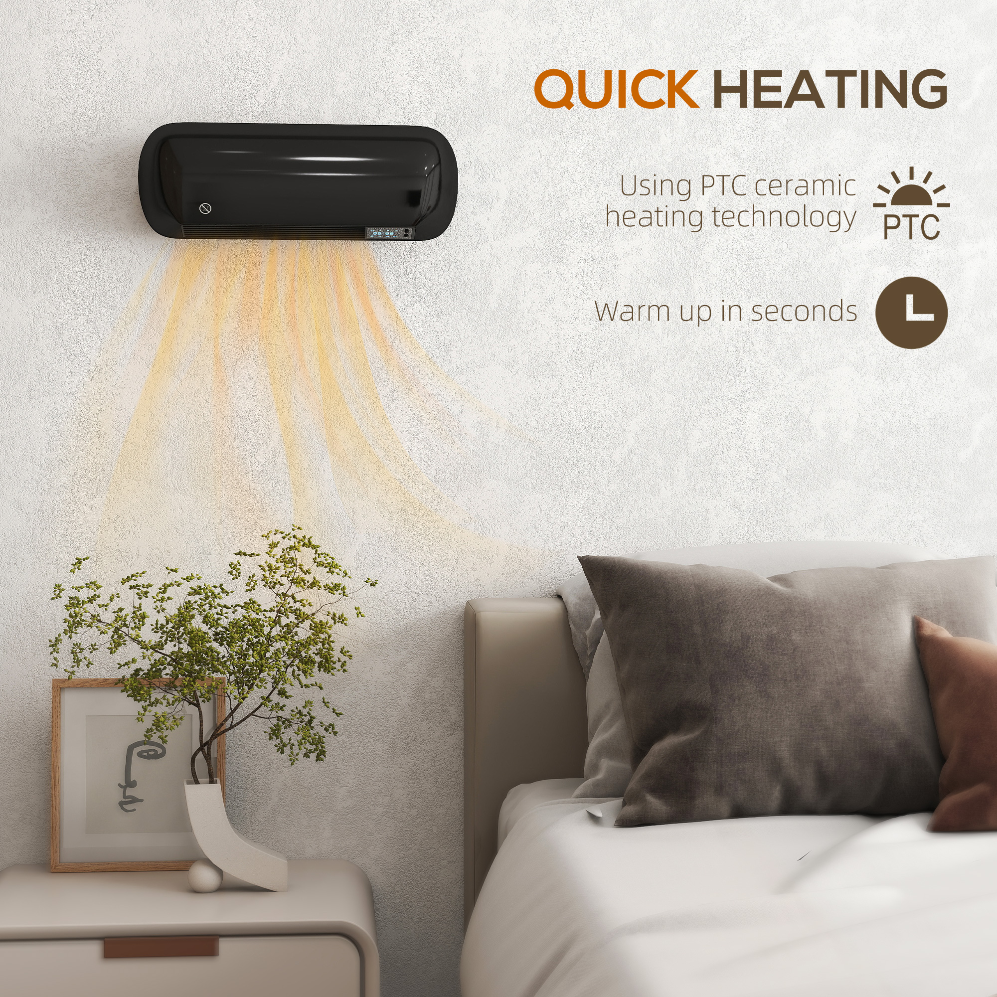 HOMCOM 2000W Ceramic Electric Heater with Fan, Adjustable Thermostat, Wall Mounted Black 4