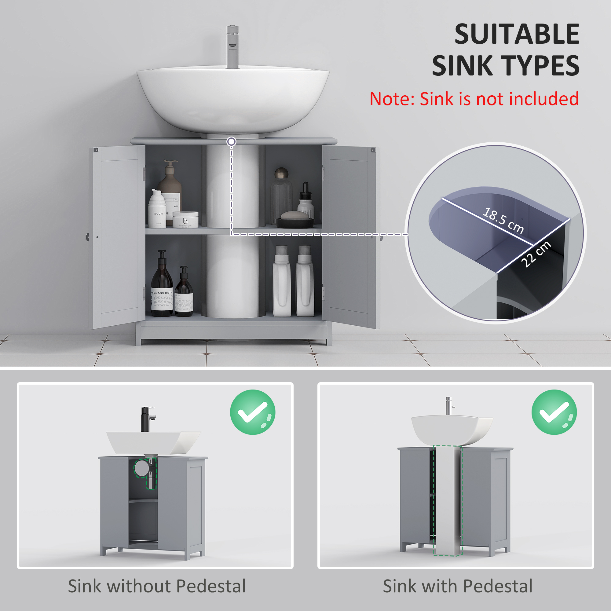 kleankin Under Sink Bathroom Cabinet, Freestanding Under Sink Cabinet with 2 Doors and Adjustable Shelf for Basin without or with Pedestal, Grey 4