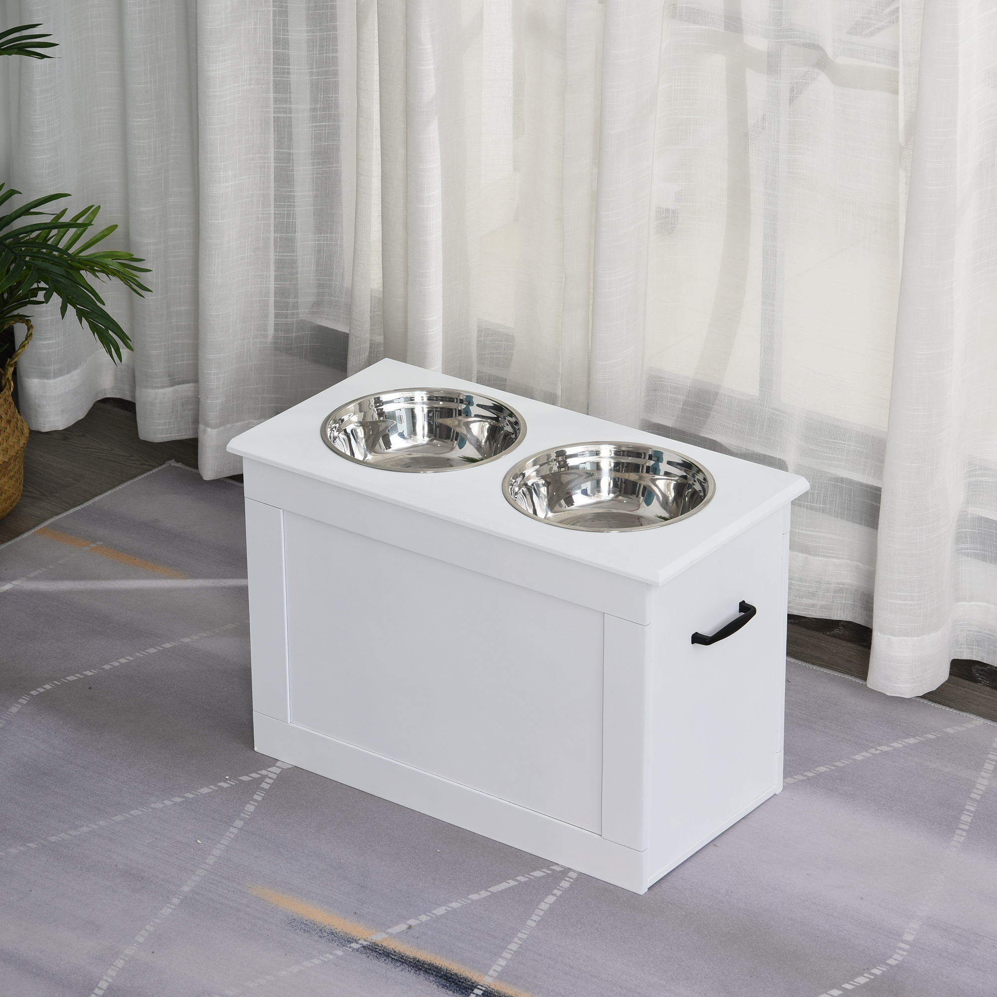 PawHut Raised Dog Bowls, with Storage, Two Stainless Steel Bowls, Elevated Base White 2