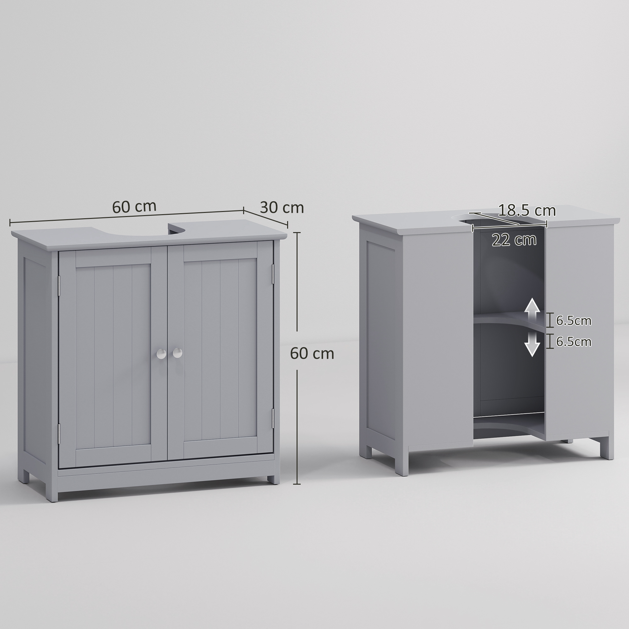 kleankin Under Sink Bathroom Cabinet, Freestanding Under Sink Cabinet with 2 Doors and Adjustable Shelf for Basin without or with Pedestal, Grey 3