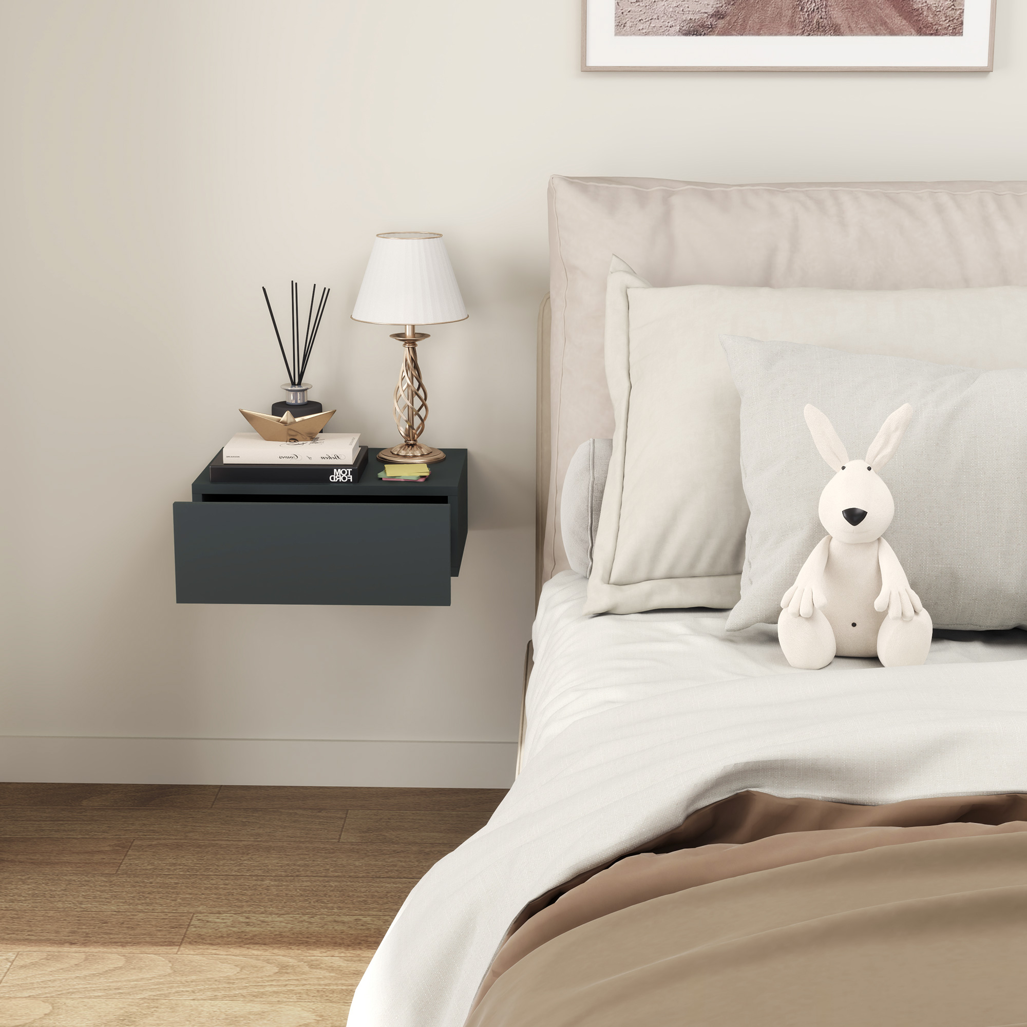  Noptiera Suspendata Moderna cu Sertar, din Lemn, 40x30x15 cm, Negru [5]