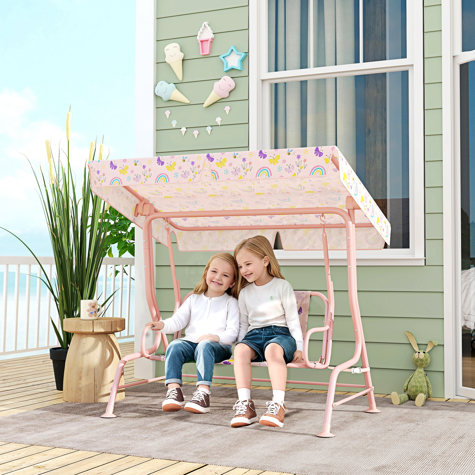 AIYAPLAY Kids Garden Swing Chair with Adjustable Canopy, Safety Belt, 2 Seater Hammock Swing Bench for Patio, Porch, Pink 2