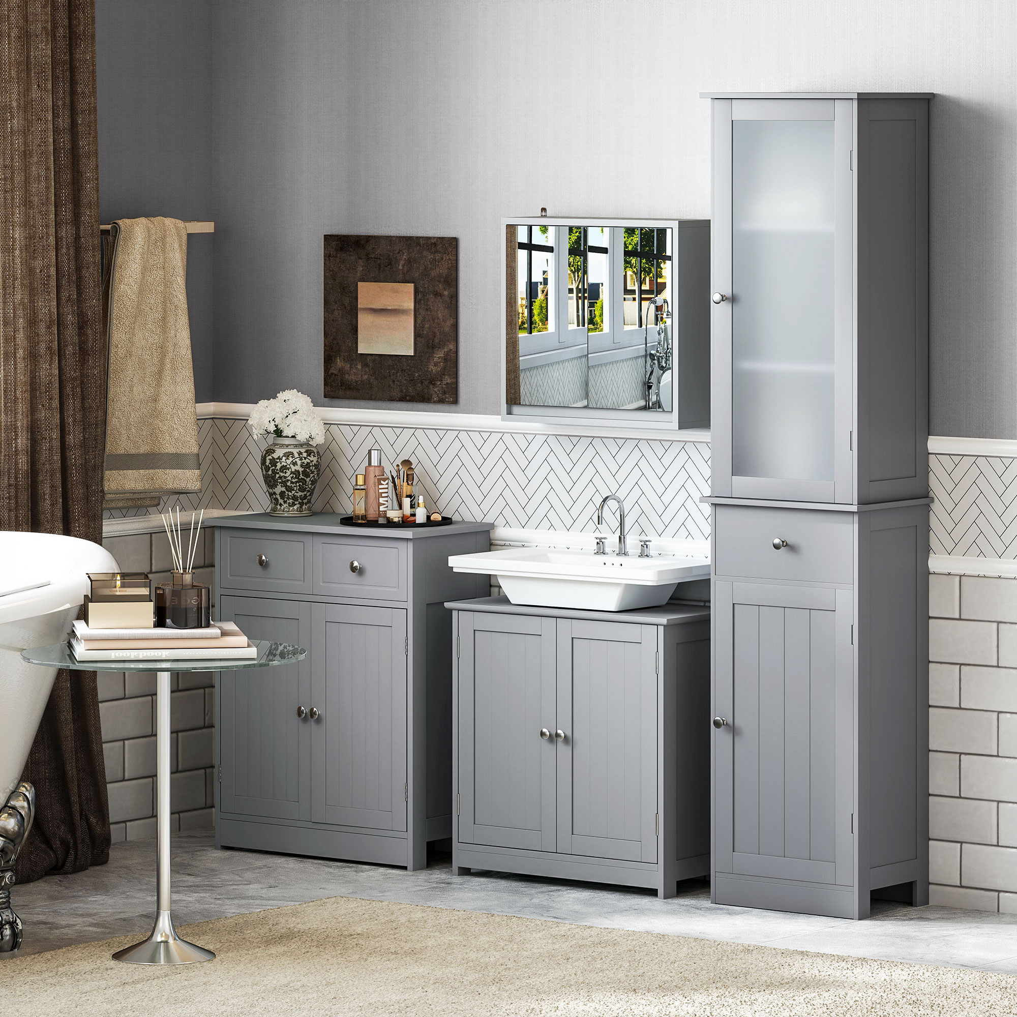 kleankin Under Sink Bathroom Cabinet, Freestanding Under Sink Cabinet with 2 Doors and Adjustable Shelf for Basin without or with Pedestal, Grey 8