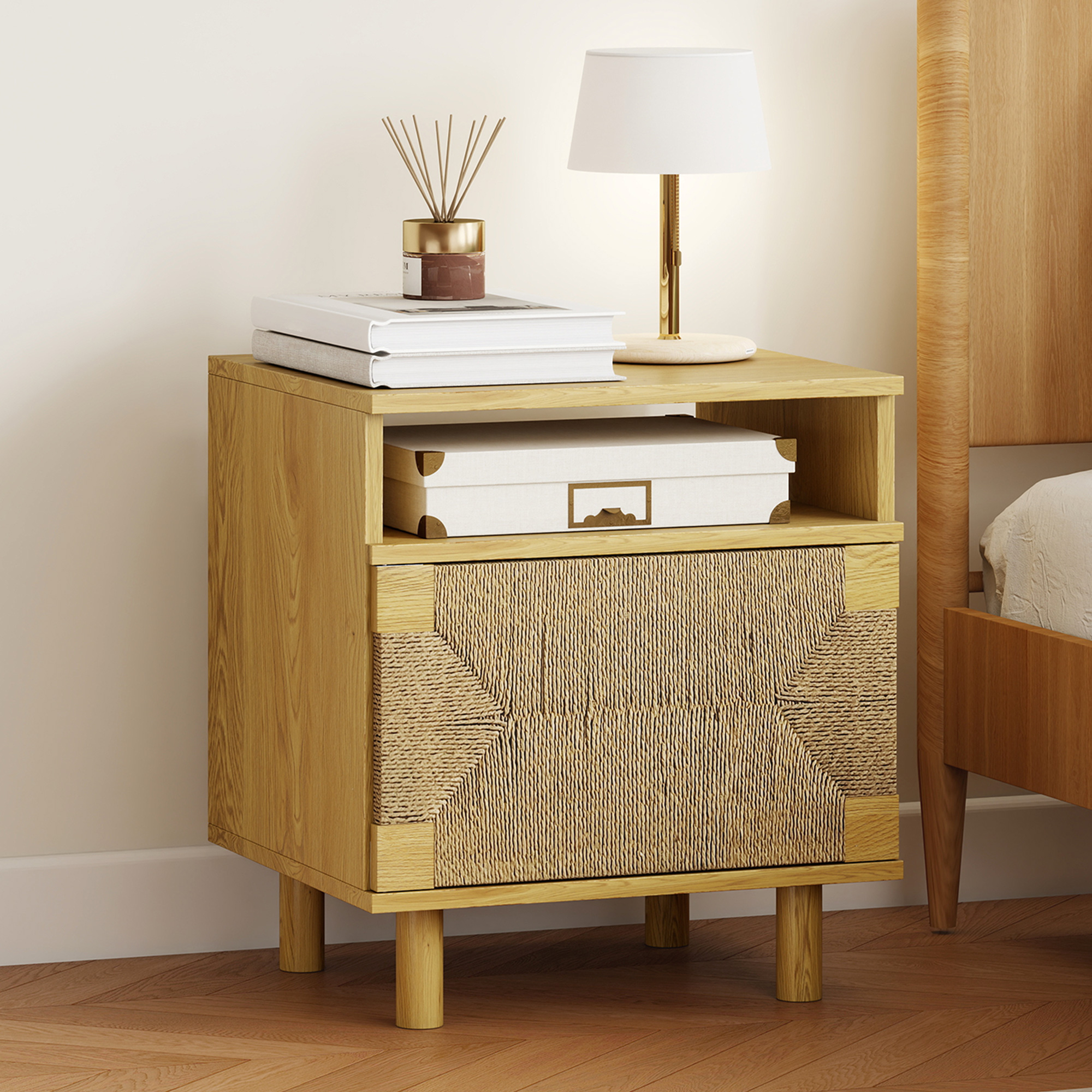 HOMCOM Nachttisch im Boho‑Stil mit Tür aus Papierseil, Nachttisch mit offen günstig online kaufen