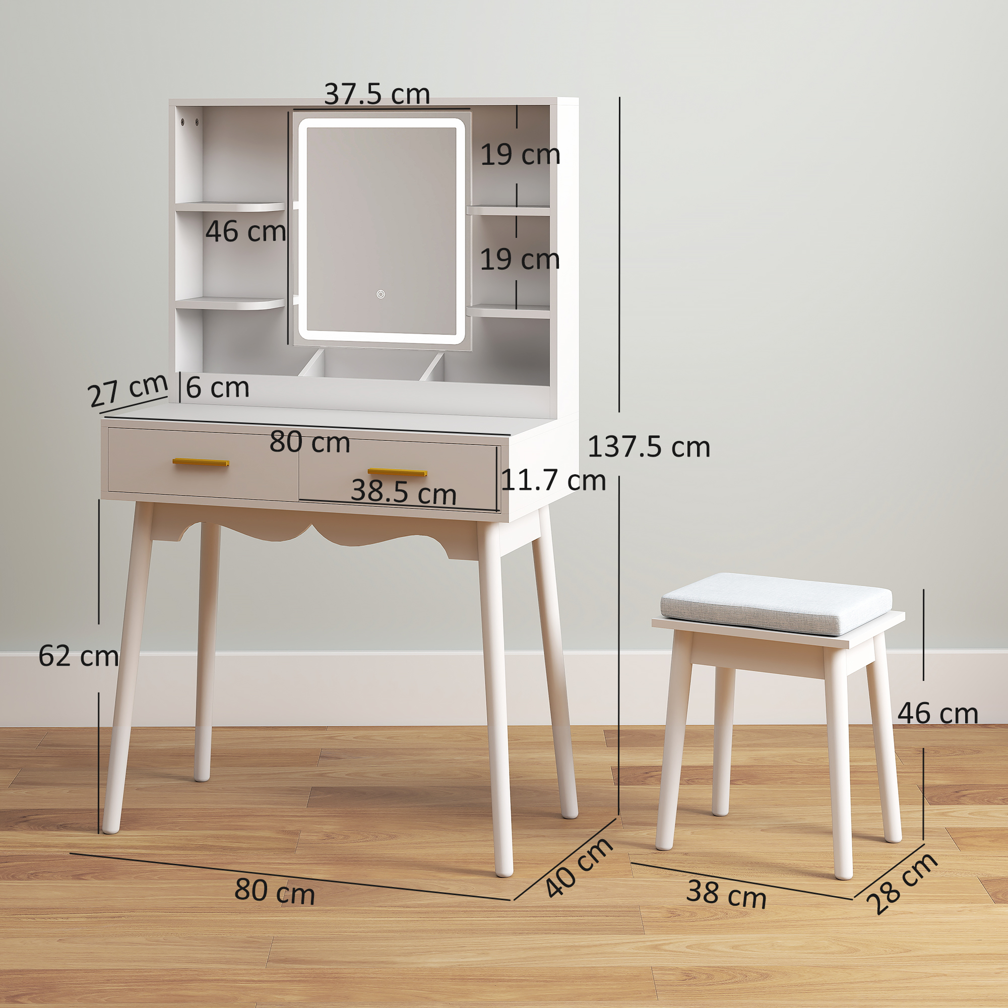 HOMCOM Elegant Dressing Table, with LED Mirror White 3