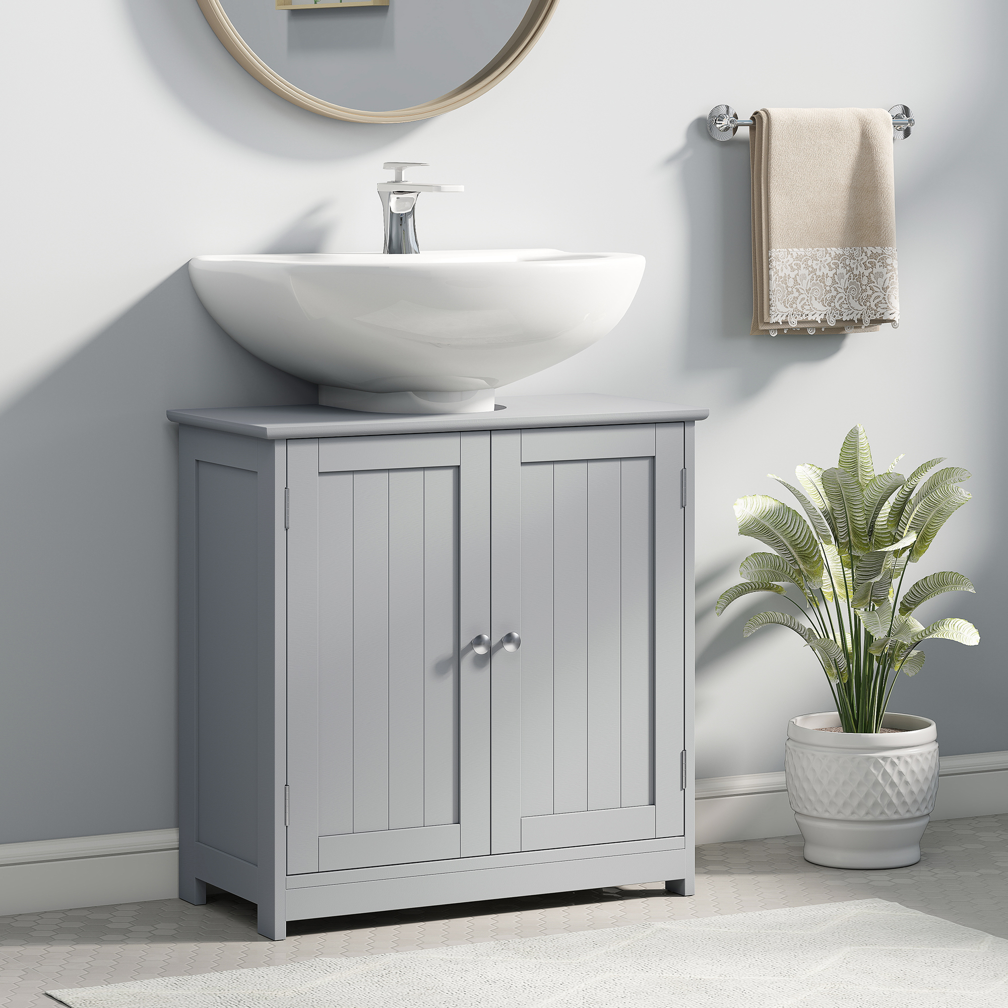 kleankin Under Sink Bathroom Cabinet, Freestanding Under Sink Cabinet with 2 Doors and Adjustable Shelf for Basin without or with Pedestal, Grey 2