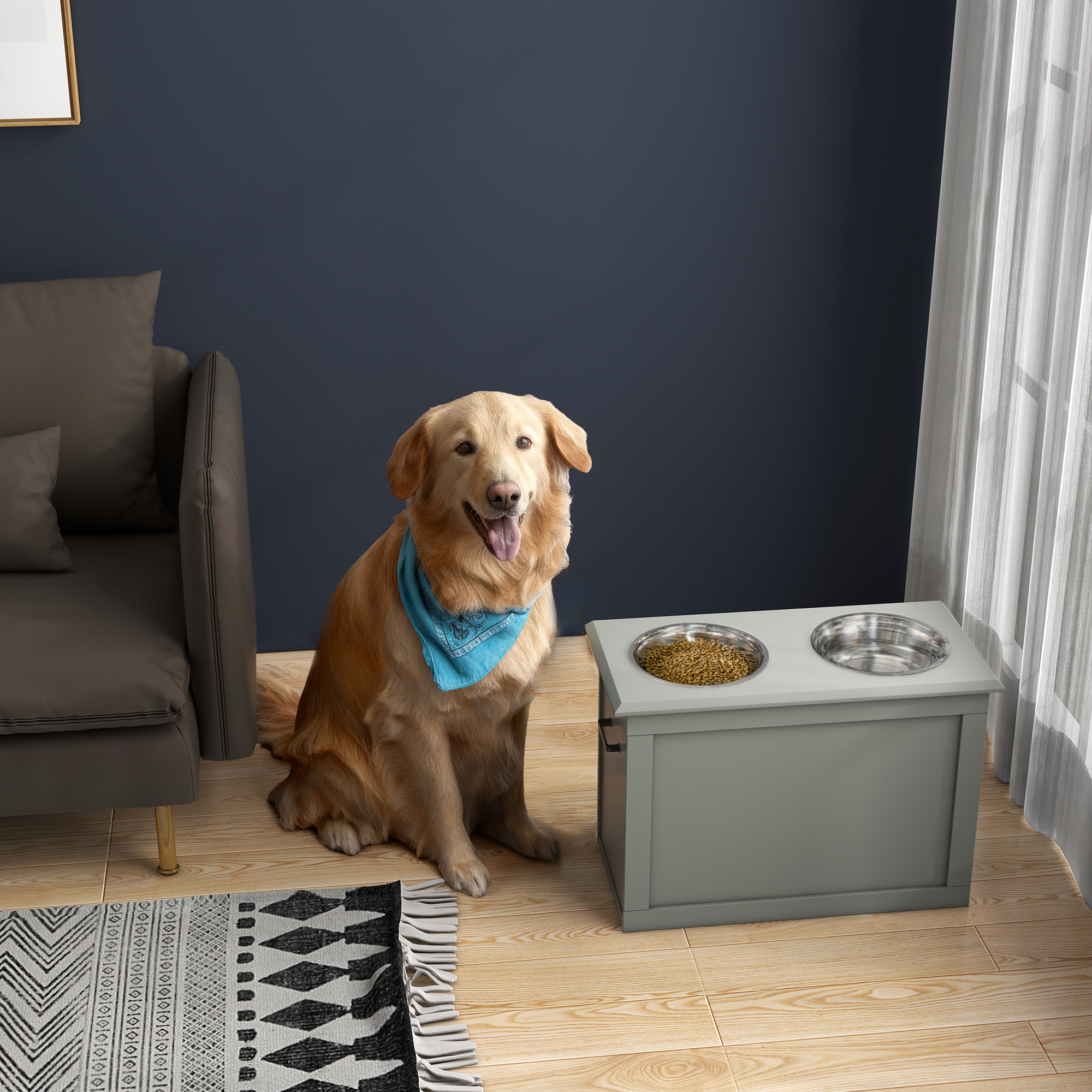 PawHut Raised Dog Bowls, with Storage, Two Stainless Steel Bowls, Elevated Base Grey 2